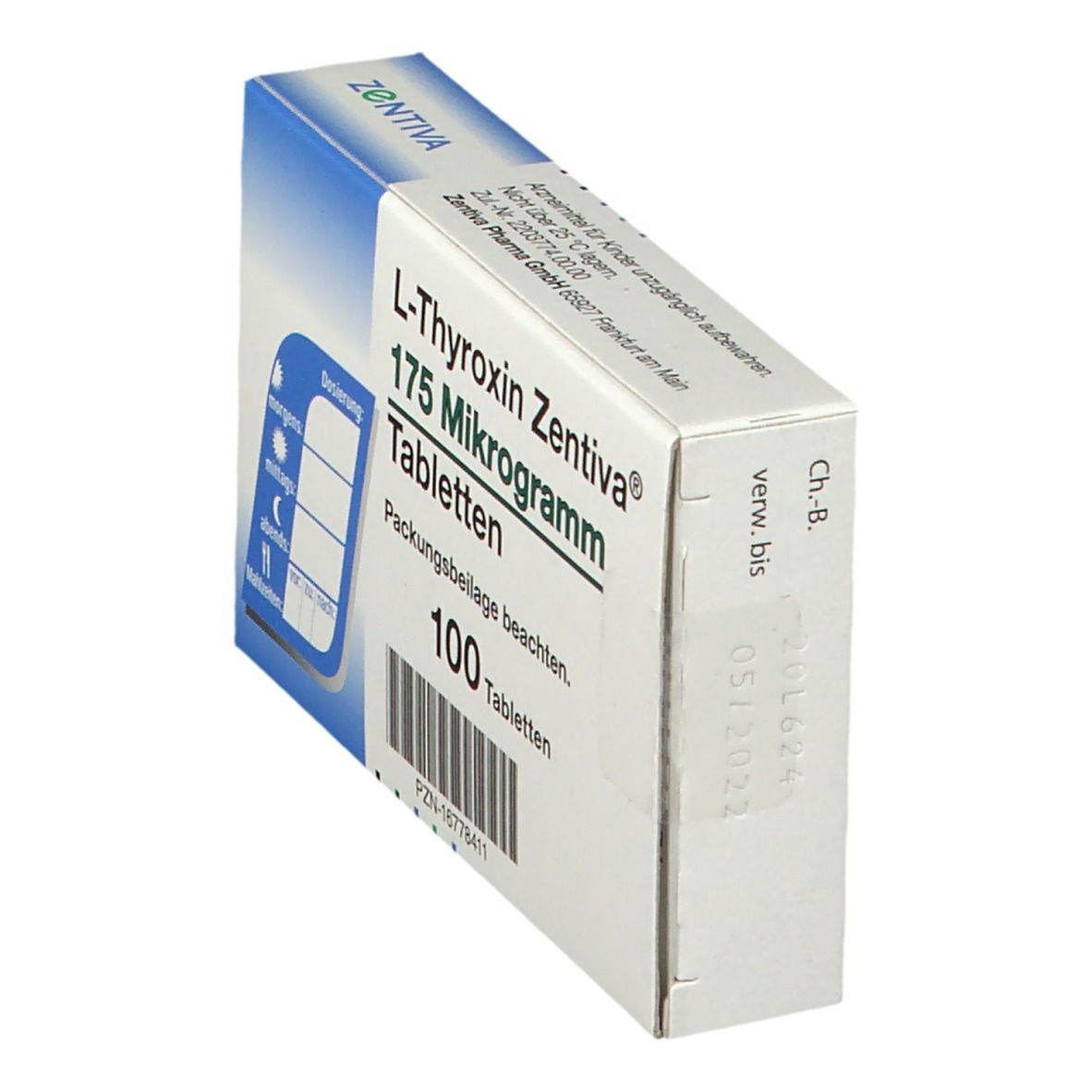 Schräg stehende Schachtel L-Thyroxin Zentiva® 175 Mikrogramm Tabletten. Enthält 100 Tabletten. Mit Dosierungshinweisen.