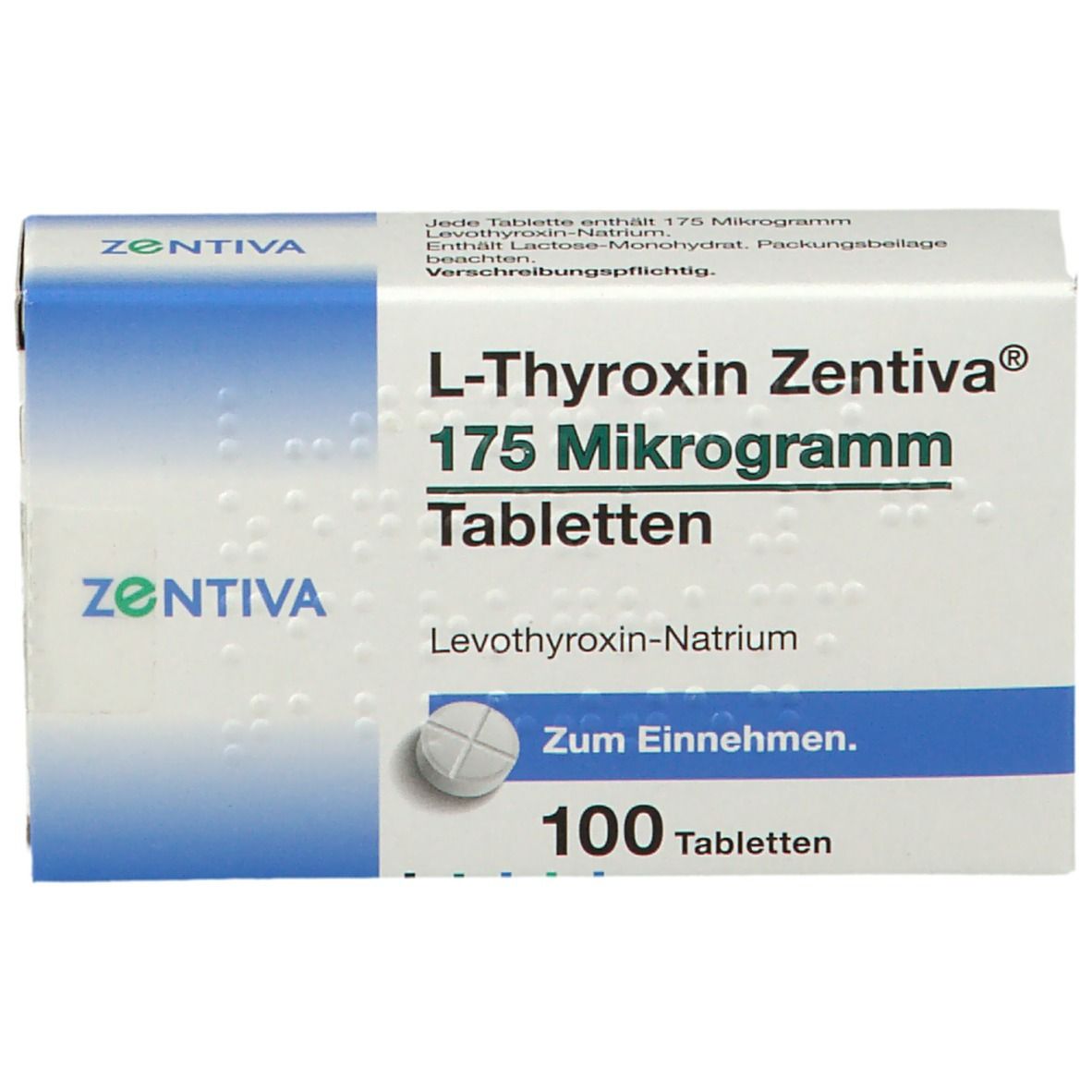 Schachtel L-Thyroxin Zentiva® 175 Mikrogramm Tabletten. Enthält 100 Tabletten. Aufschrift: Levothyroxin-Natrium. Tablette abgebildet.
