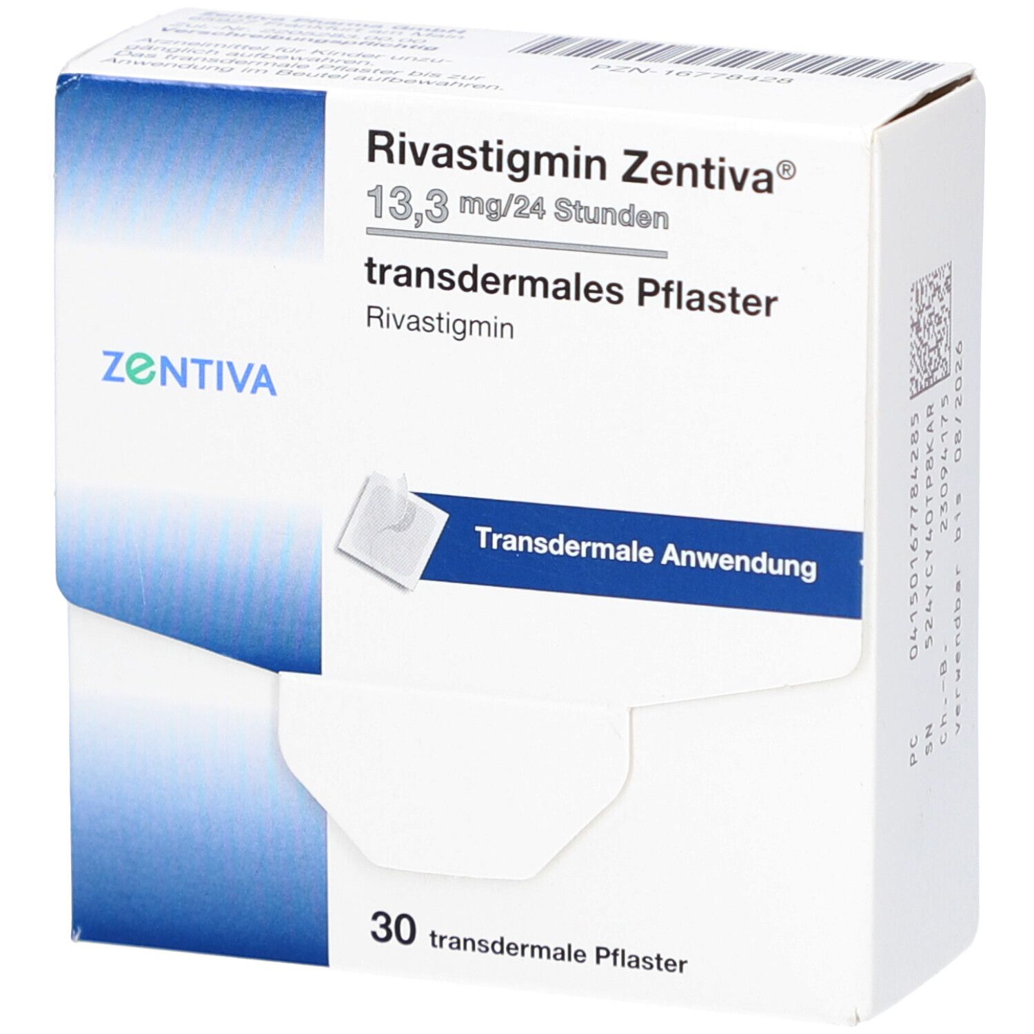 Schachtel mit transdermalen Pflastern. Aufschrift: Rivastigmin Zentiva 13,3 mg/24 Stunden. Enthält 30 Pflaster. Marke Zentiva.