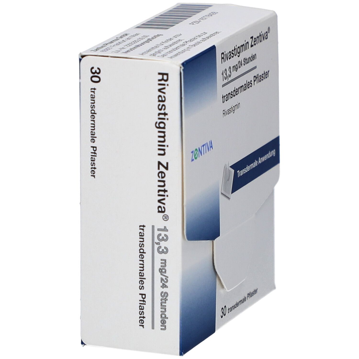 Schachtel mit transdermalen Pflastern. Aufschrift: Rivastigmin Zentiva 13,3 mg/24 Stunden. Enthält 30 Pflaster. Marke Zentiva.