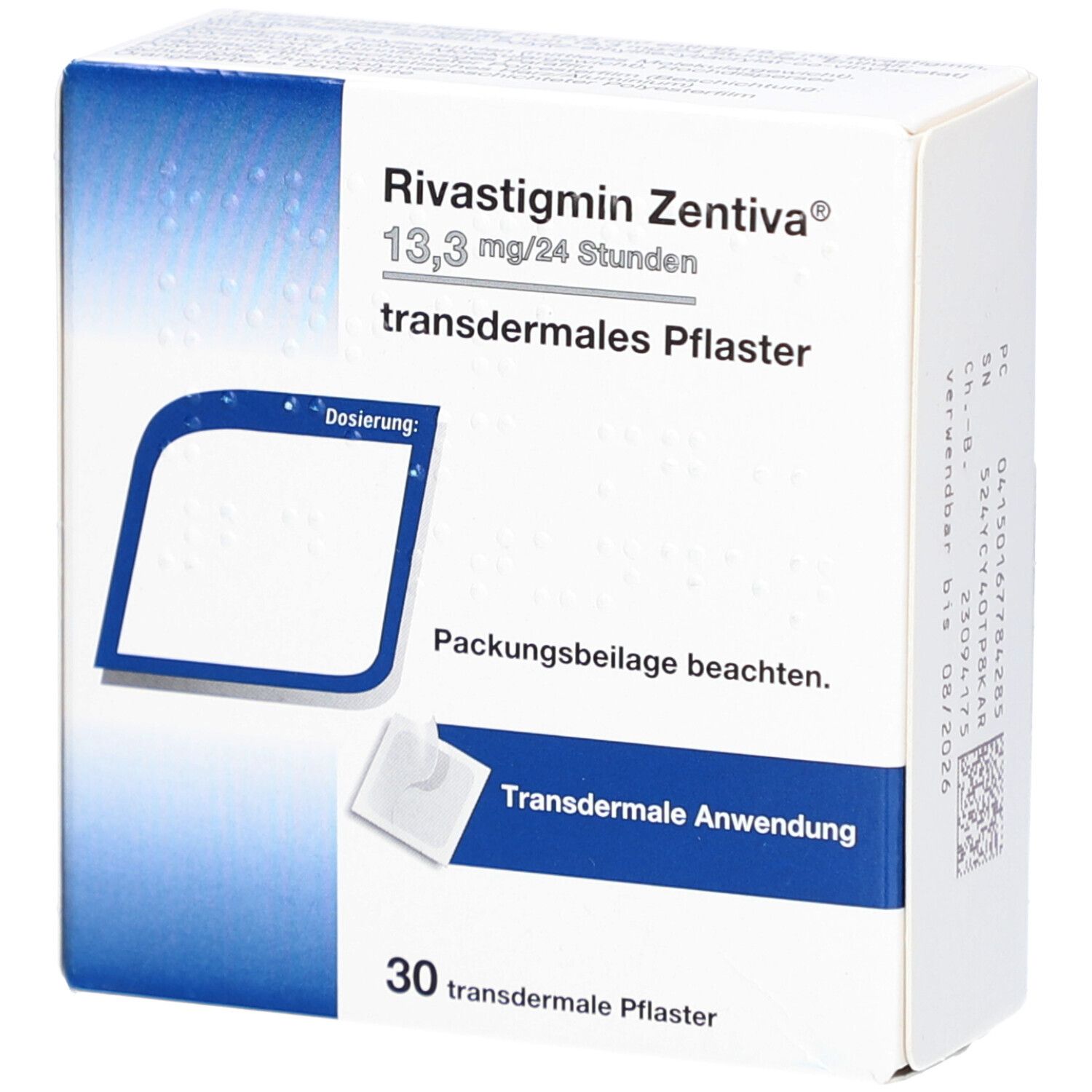 Schachtel mit transdermalen Pflastern. Aufschrift: Rivastigmin Zentiva 13,3 mg/24 Stunden. Enthält 30 Pflaster. Marke Zentiva.