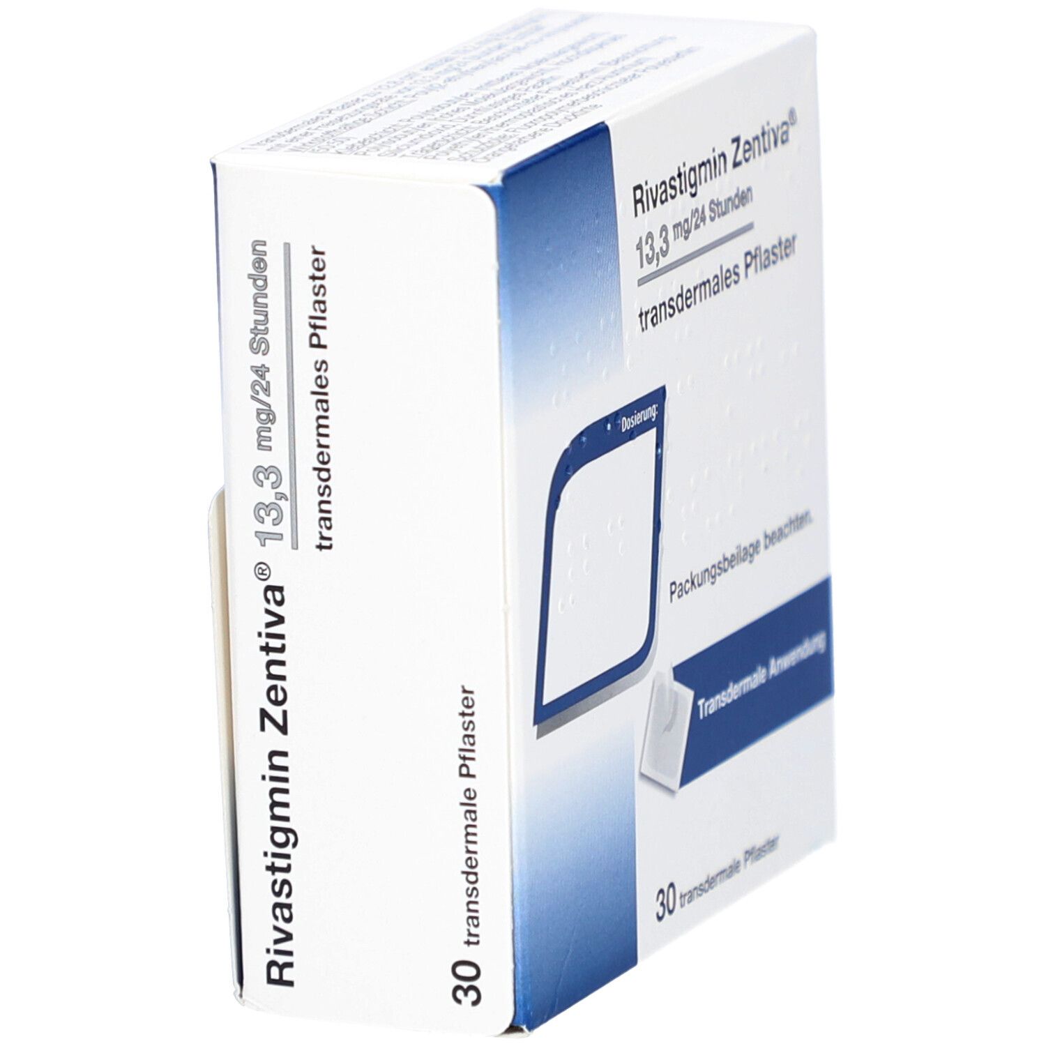 Schachtel mit transdermalen Pflastern. Aufschrift: Rivastigmin Zentiva 13,3 mg/24 Stunden. Enthält 30 Pflaster. Marke Zentiva.