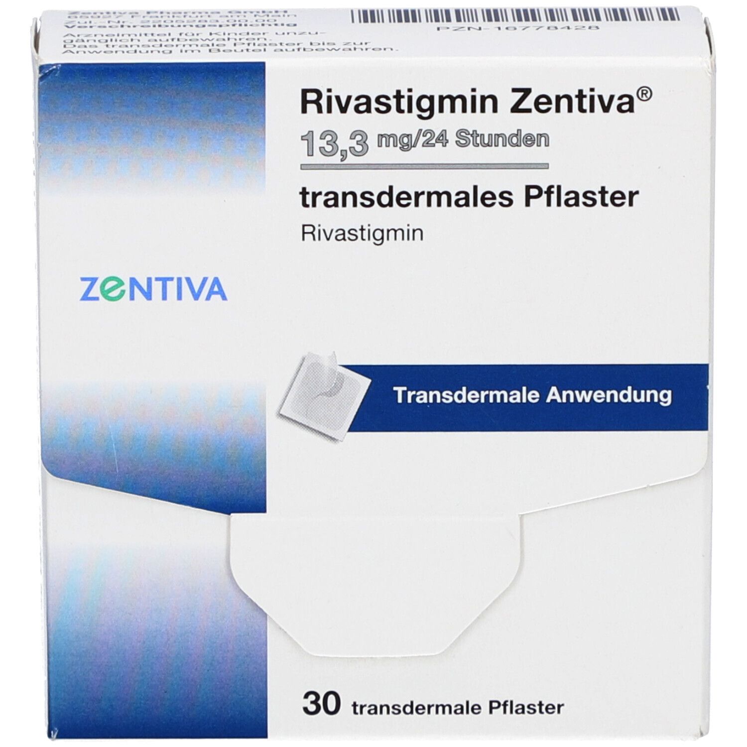 Schachtel mit transdermalen Pflastern. Aufschrift: Rivastigmin Zentiva 13,3 mg/24 Stunden. Enthält 30 Pflaster. Marke Zentiva.