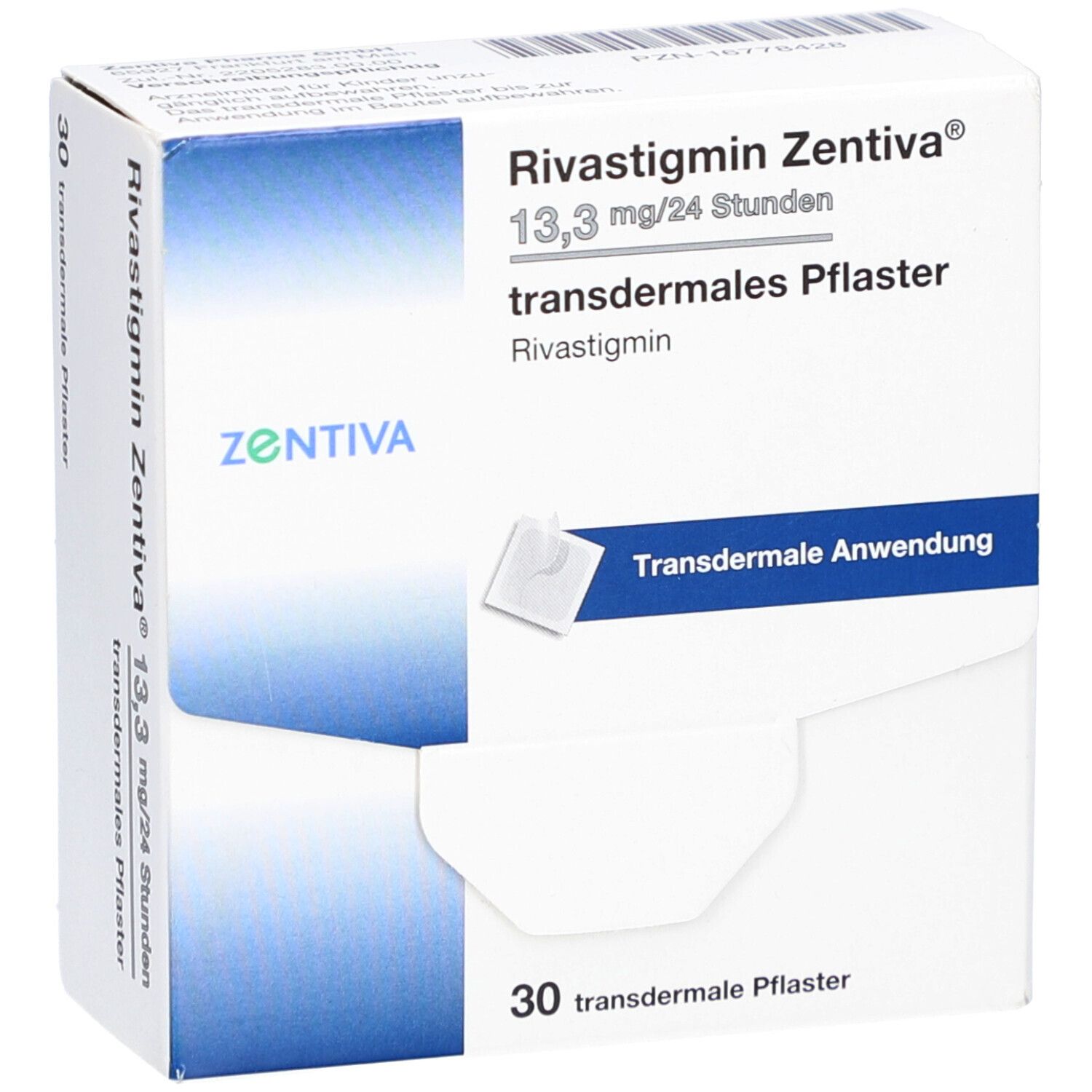 Schachtel mit transdermalen Pflastern. Aufschrift: Rivastigmin Zentiva 13,3 mg/24 Stunden. Enthält 30 Pflaster. Marke Zentiva.