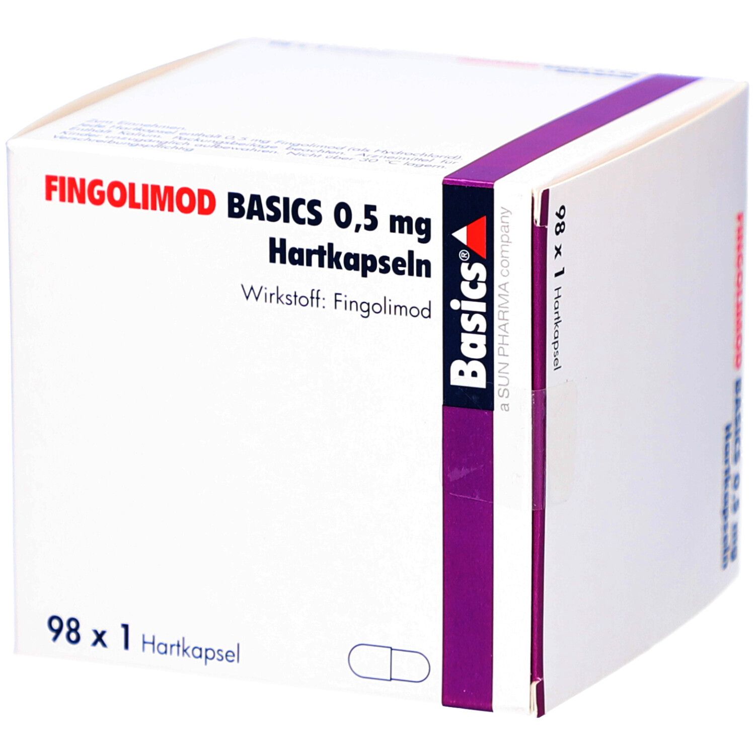 Schachtel mit Fingolimod Basics 0,5 mg Hartkapseln. Aufdruck: Wirkstoff Fingolimod, 98 x 1 Hartkapsel. Lila Akzent.