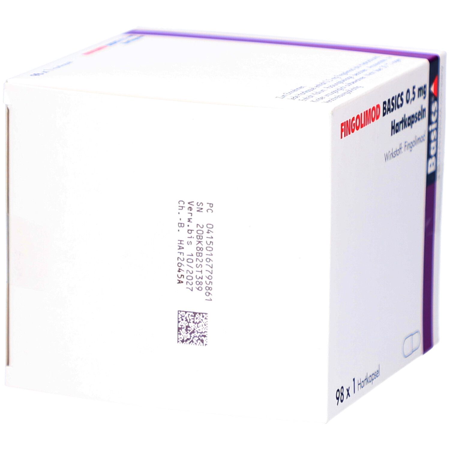 Rückseite der Schachtel mit Fingolimod Basics 0,5 mg Hartkapseln. Aufdrucke mit Chargennummer und Verfallsdatum.