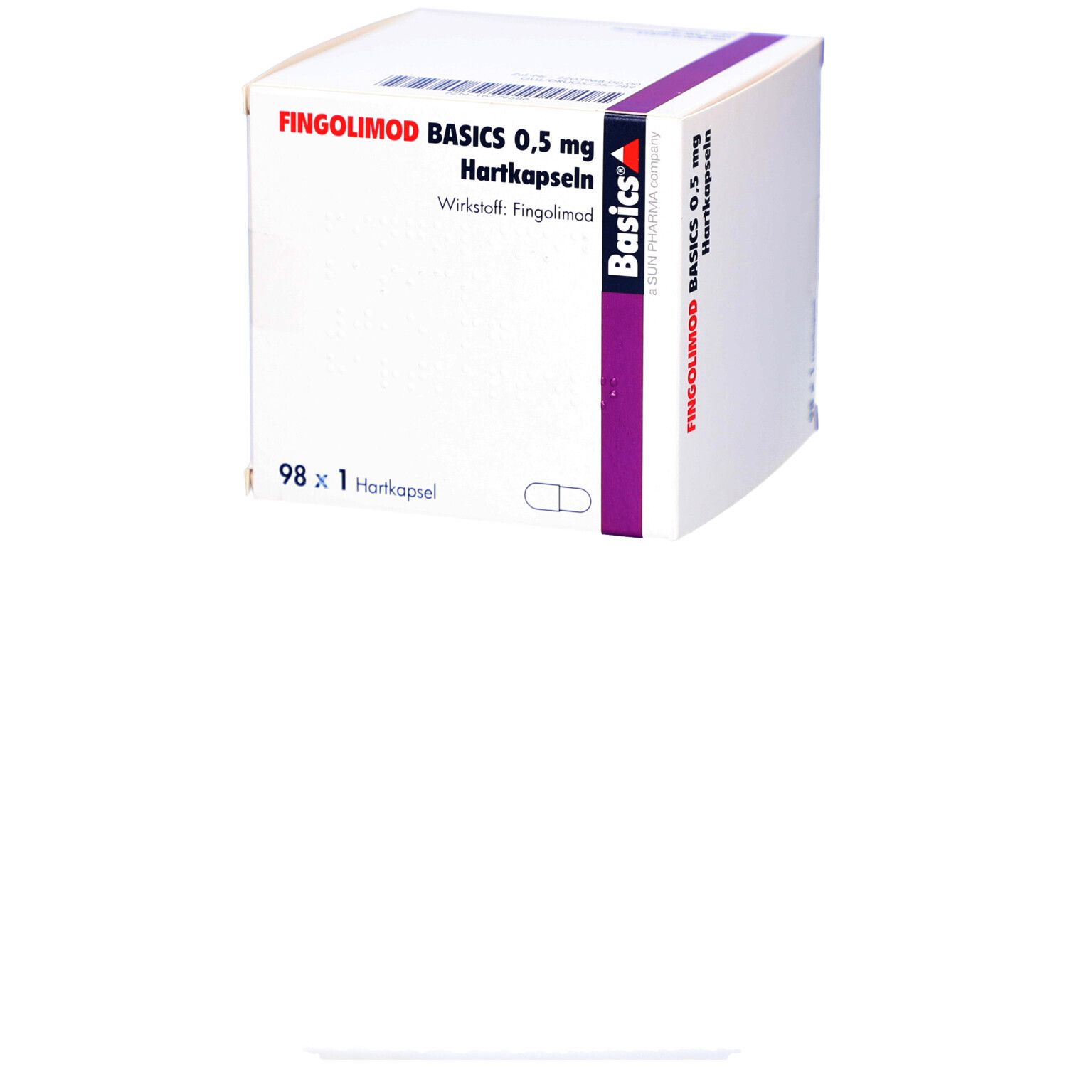 Schachtel mit Fingolimod Basics 0,5 mg Hartkapseln. Aufdruck: Wirkstoff Fingolimod, 98 x 1 Hartkapsel. Lila Akzent.
