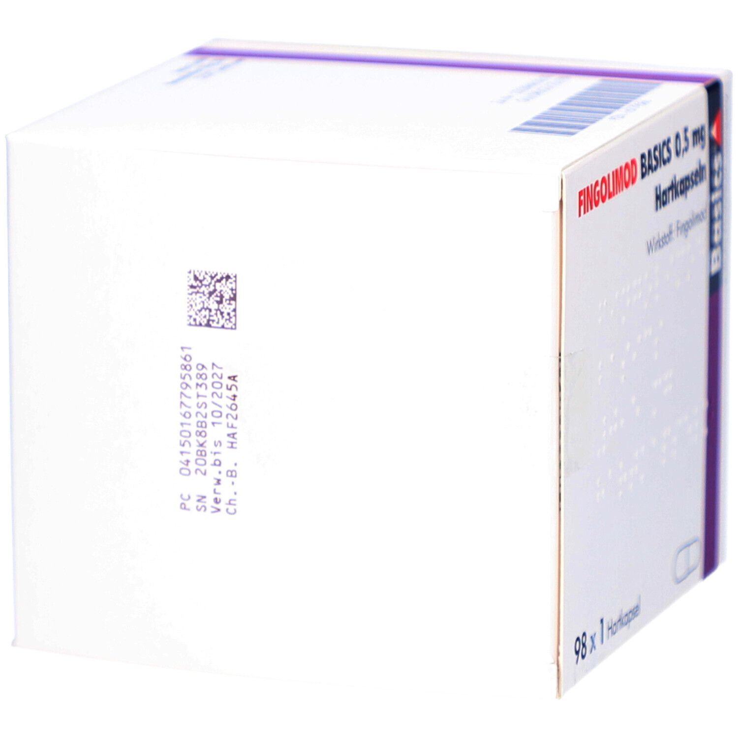 Rückseite der Schachtel mit Fingolimod Basics 0,5 mg Hartkapseln. Aufdrucke mit Chargennummer und Verfallsdatum.