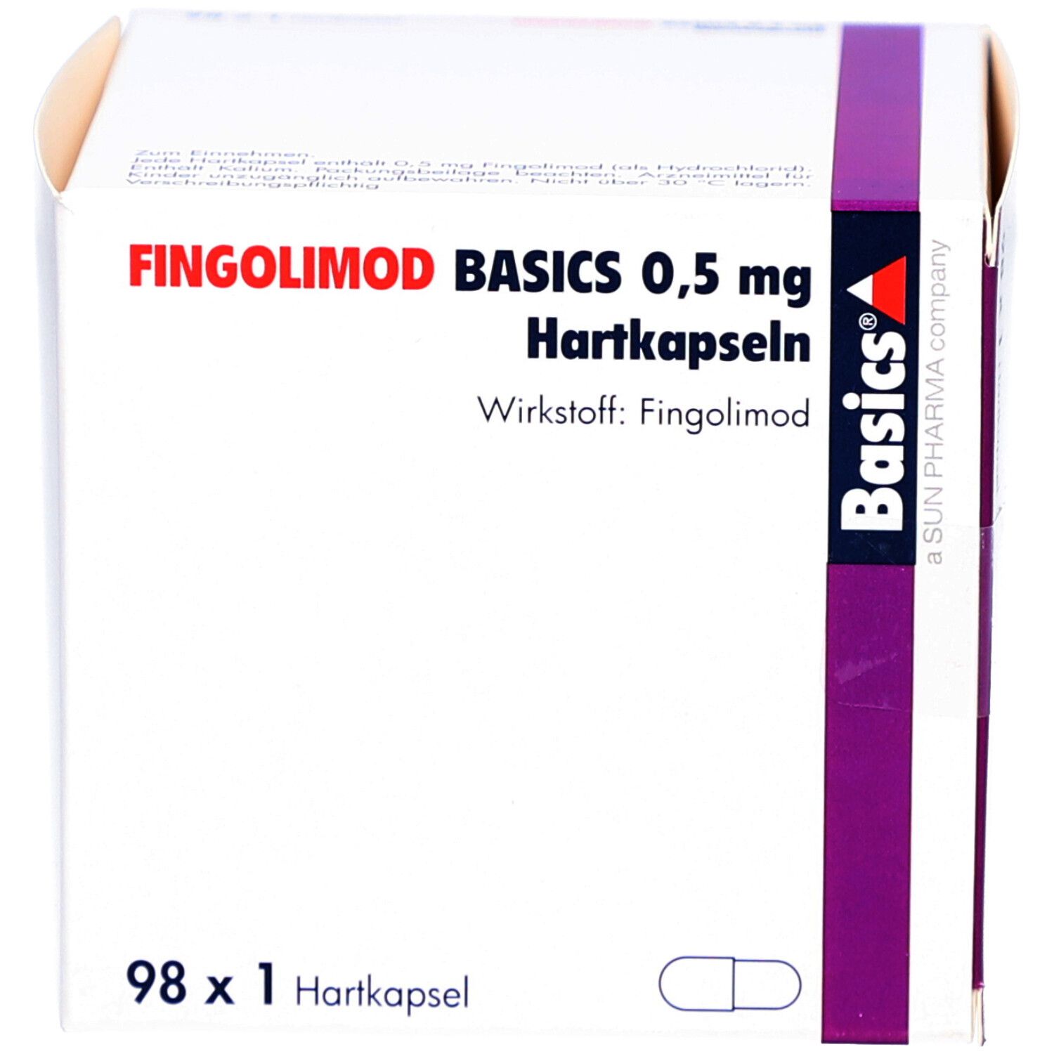 Schachtel mit Fingolimod Basics 0,5 mg Hartkapseln. Aufdruck: Wirkstoff Fingolimod, 98 x 1 Hartkapsel. Lila Akzent.