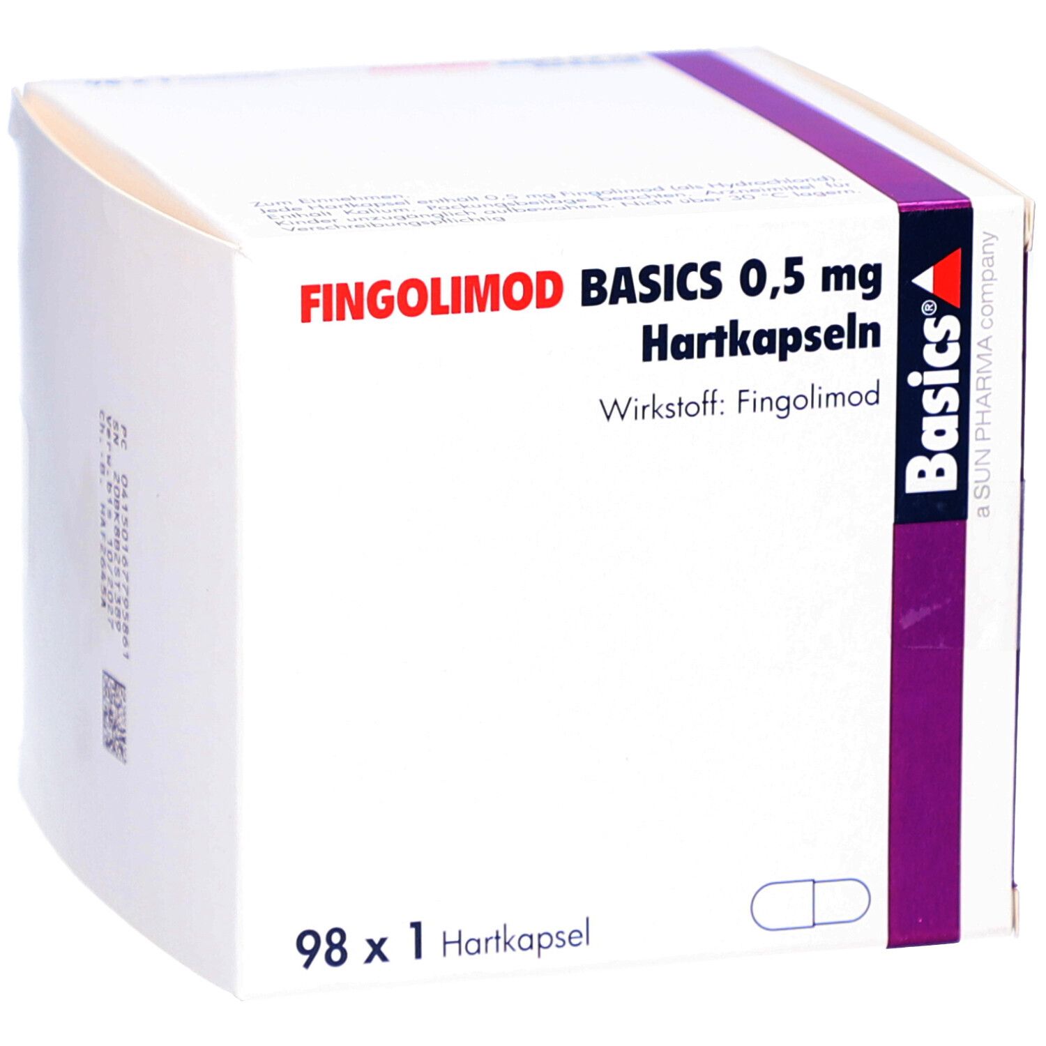 Schachtel mit Fingolimod Basics 0,5 mg Hartkapseln. Aufdruck: Wirkstoff Fingolimod, 98 x 1 Hartkapsel. Lila Akzent.