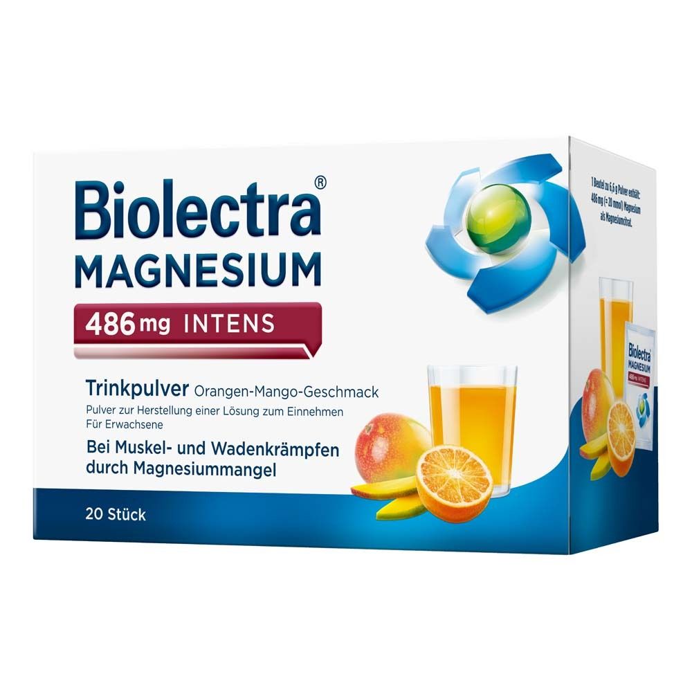 Biolectra Magnesium 486 mg INTENS. Packung mit 20 Beuteln. Trinkpulver mit Orangen-Mango-Geschmack. Für Erwachsene.
