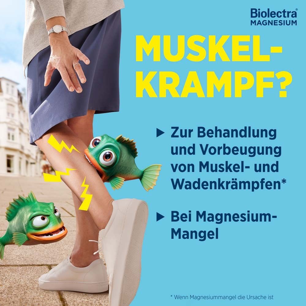 Biolectra Magnesium. Bild zeigt eine Person mit Bein. Text: Muskelkrampf? Zur Behandlung von Muskelkrämpfen. Bei Magnesiummangel.