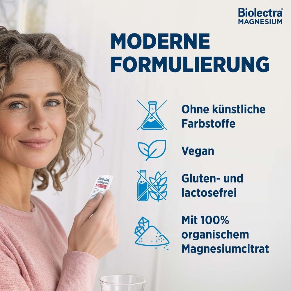 Biolectra Magnesium. Frau hält eine Packung. Text: Moderne Formulierung. Ohne künstliche Farbstoffe. Vegan. Gluten- und lactosefrei.