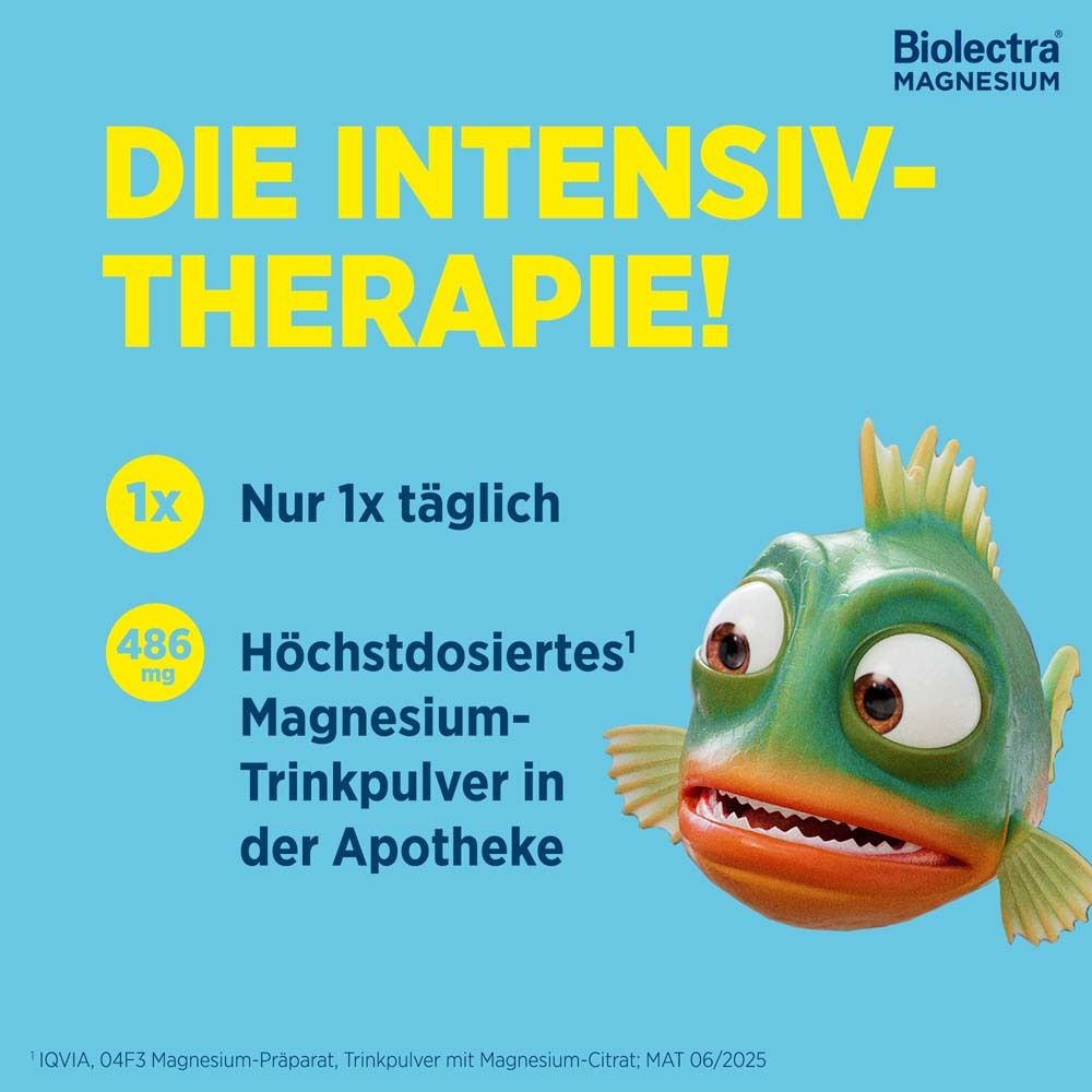 Biolectra Magnesium. Text: Die Intensiv-Therapie! Nur 1x täglich. 486 mg höchstdosiertes Magnesium-Trinkpulver in der Apotheke.
