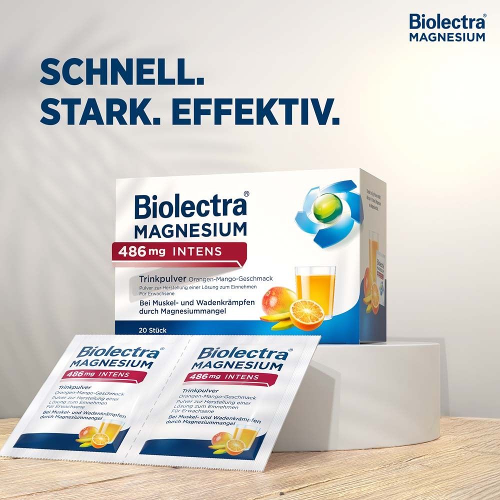 Biolectra Magnesium 486 mg INTENS. Packung und zwei Beutel. Trinkpulver Orangen-Mango-Geschmack. Für Muskel- und Wadenkrämpfe.