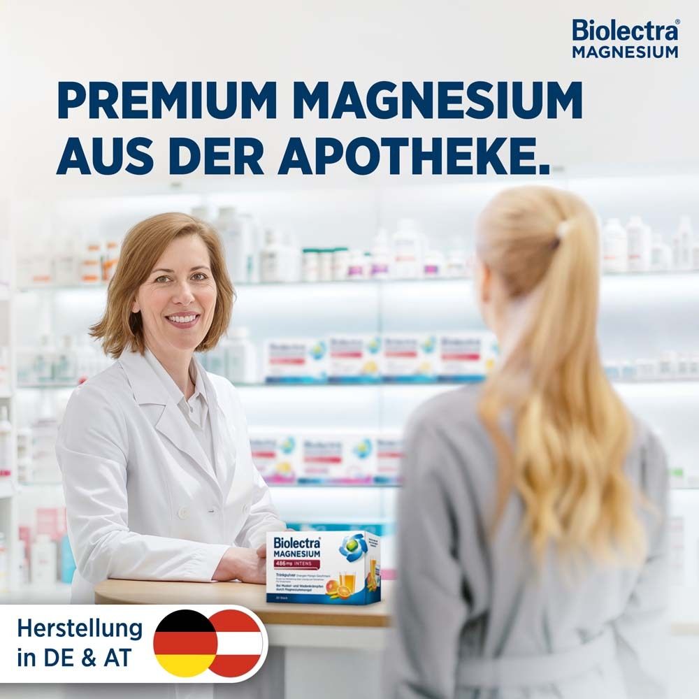 Biolectra Magnesium. Apothekerin hält Packung. Text: Premium Magnesium aus der Apotheke. Herstellung in DE & AT.