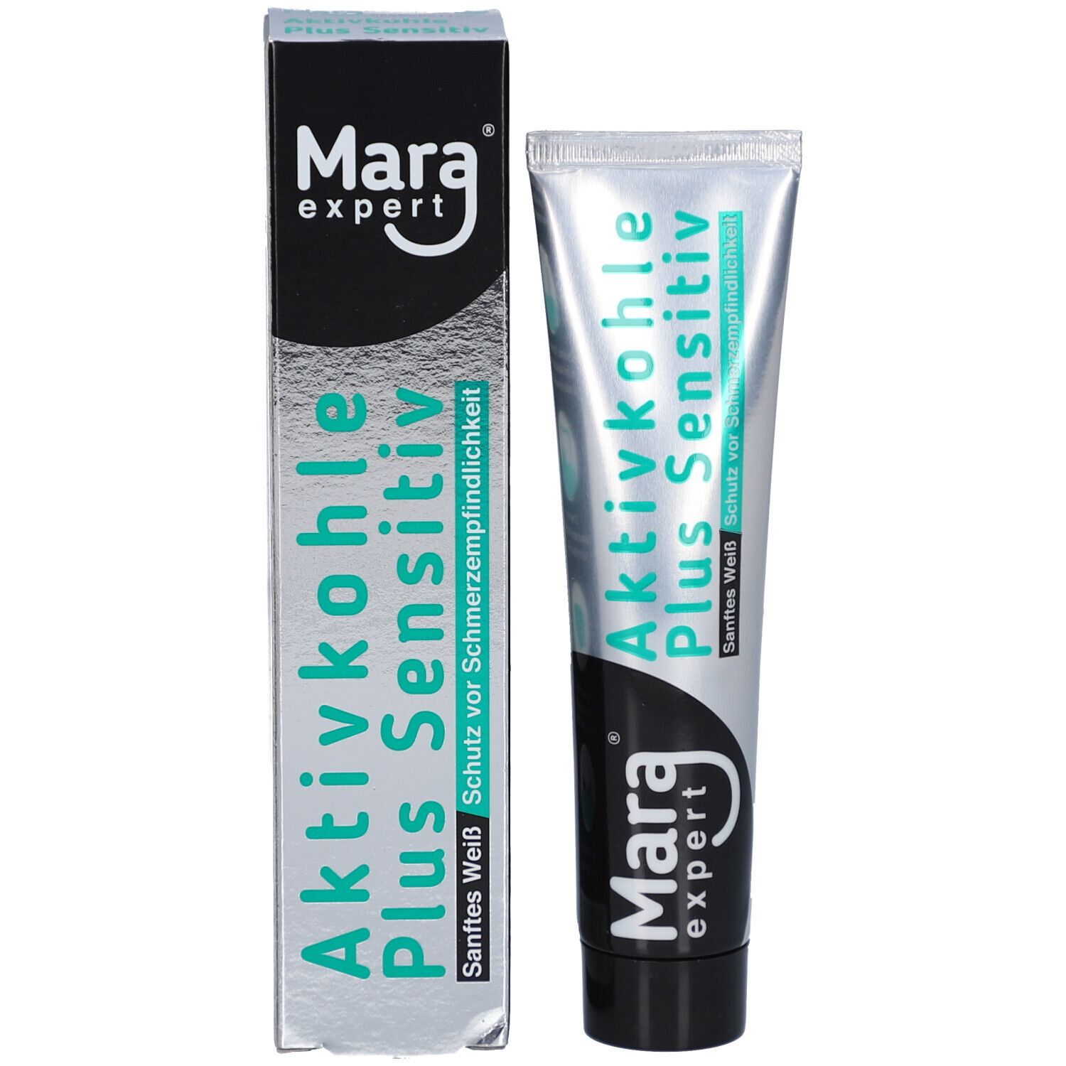 Zahncreme-Tube und Schachtel. Aufschrift: Aktivkohle Plus Sensitiv, Sanftes Weiß. Marke: Mara expert.