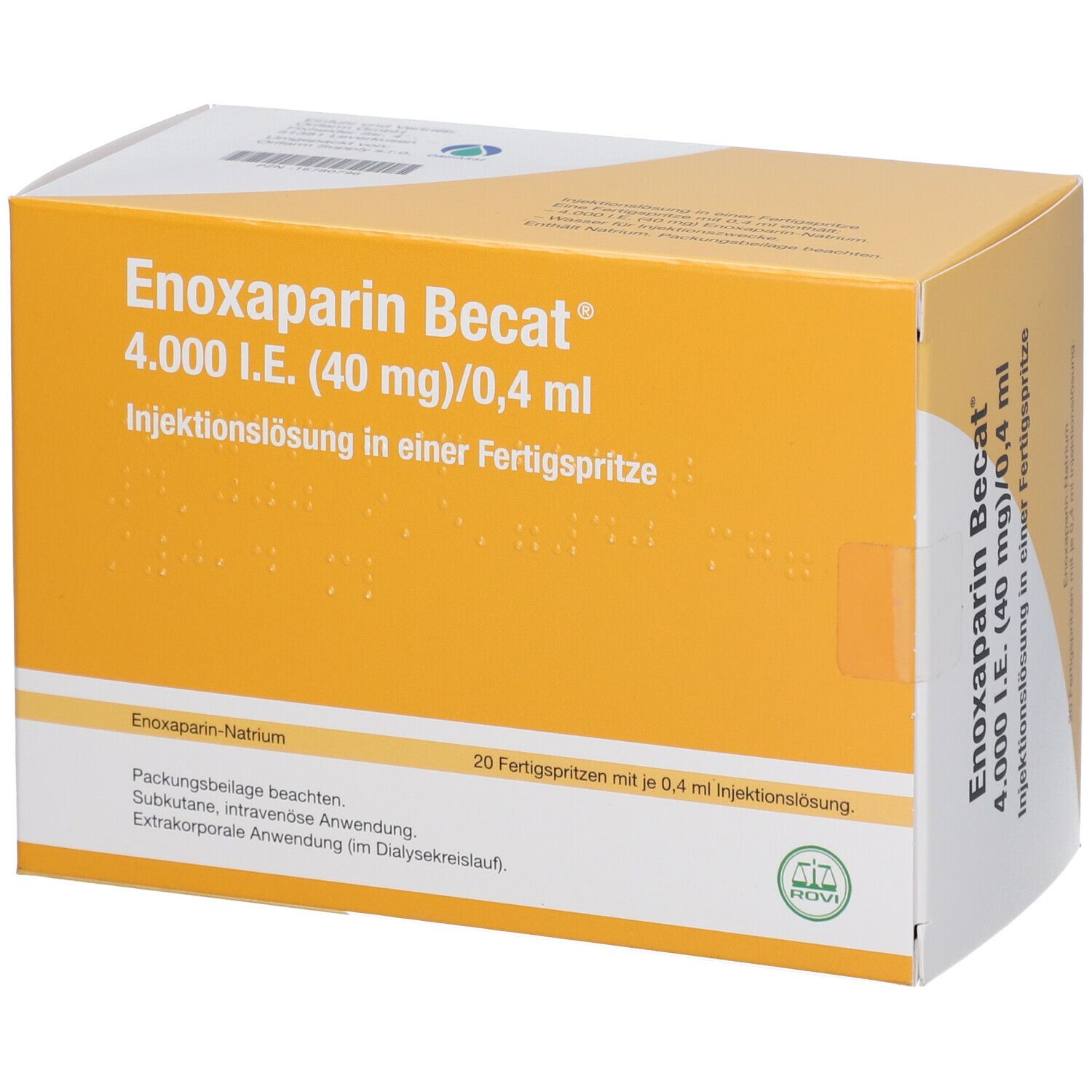 Karton mit Aufschrift Enoxaparin Becat 4.000 I.E. (40 mg)/0,4 ml. 20 Fertigspritzen. Gelb-weißes Design.