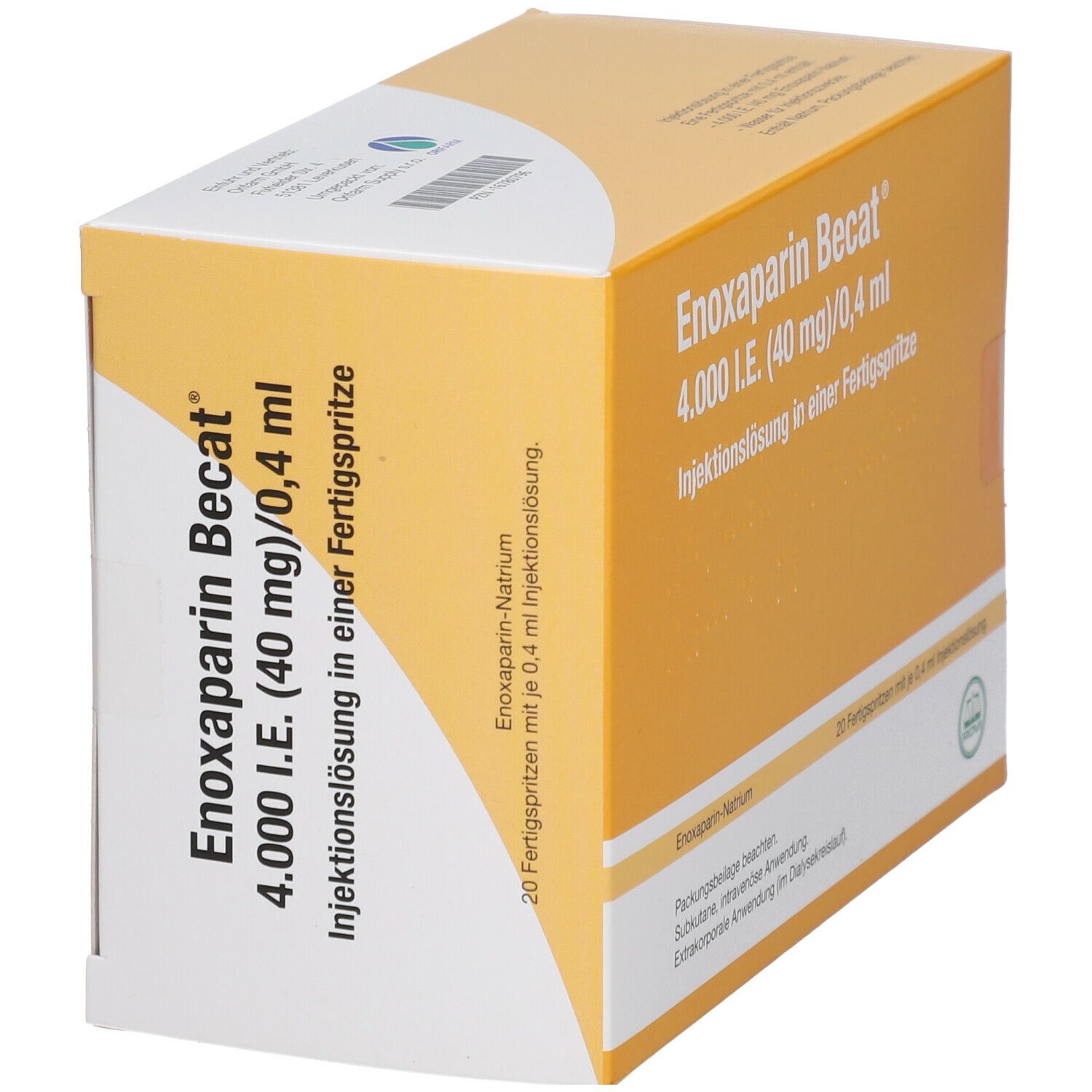 Schräg gestellte Kartonverpackung mit Enoxaparin Becat-Aufdruck. Gelb-weißes Design. 20 Fertigspritzen.
