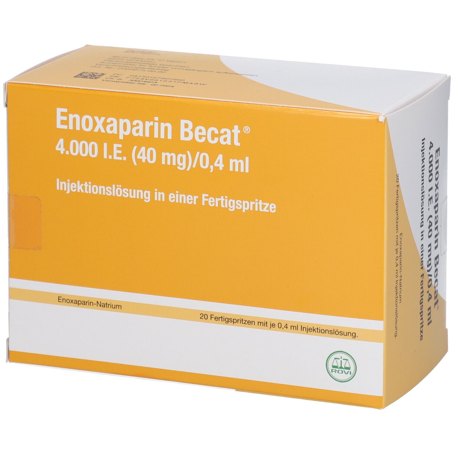 Karton mit Enoxaparin Becat-Aufdruck. 4.000 I.E. (40 mg)/0,4 ml. 20 Fertigspritzen. Gelb-weißes Design.