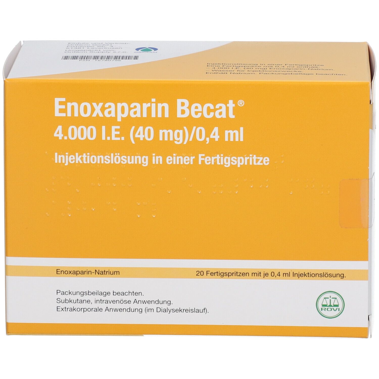 Karton mit Enoxaparin Becat-Aufdruck. 4.000 I.E. (40 mg)/0,4 ml. 20 Fertigspritzen. Gelb-weißes Design.
