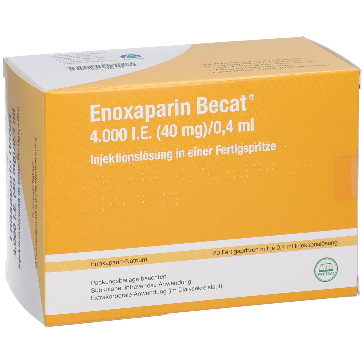 Karton mit Enoxaparin Becat-Aufdruck. 4.000 I.E. (40 mg)/0,4 ml. 20 Fertigspritzen. Gelb-weißes Design.