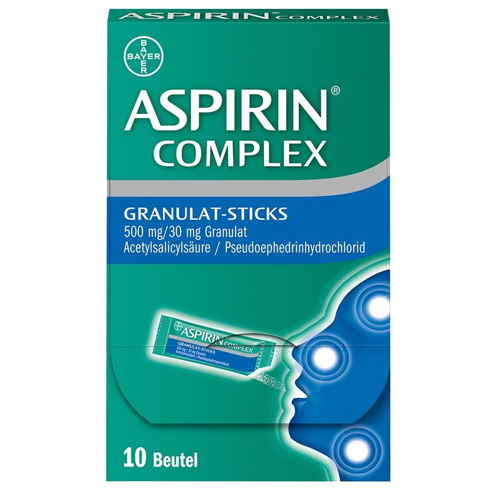 Packung Aspirin Complex Granulat-Sticks mit 10 Beuteln.