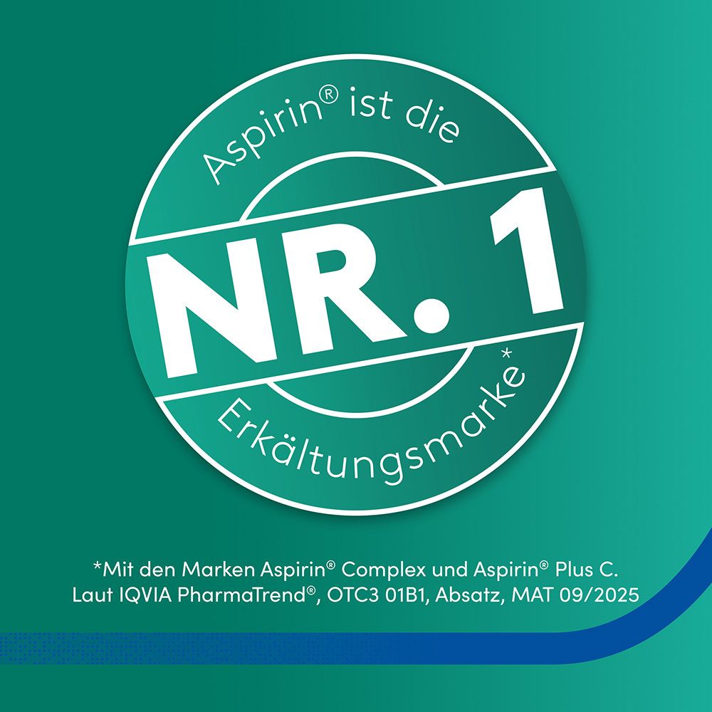 Kreis mit Text: Aspirin ist die Nr. 1 Erkältungsmarke. Mit den Marken Aspirin Complex und Aspirin Plus C.
