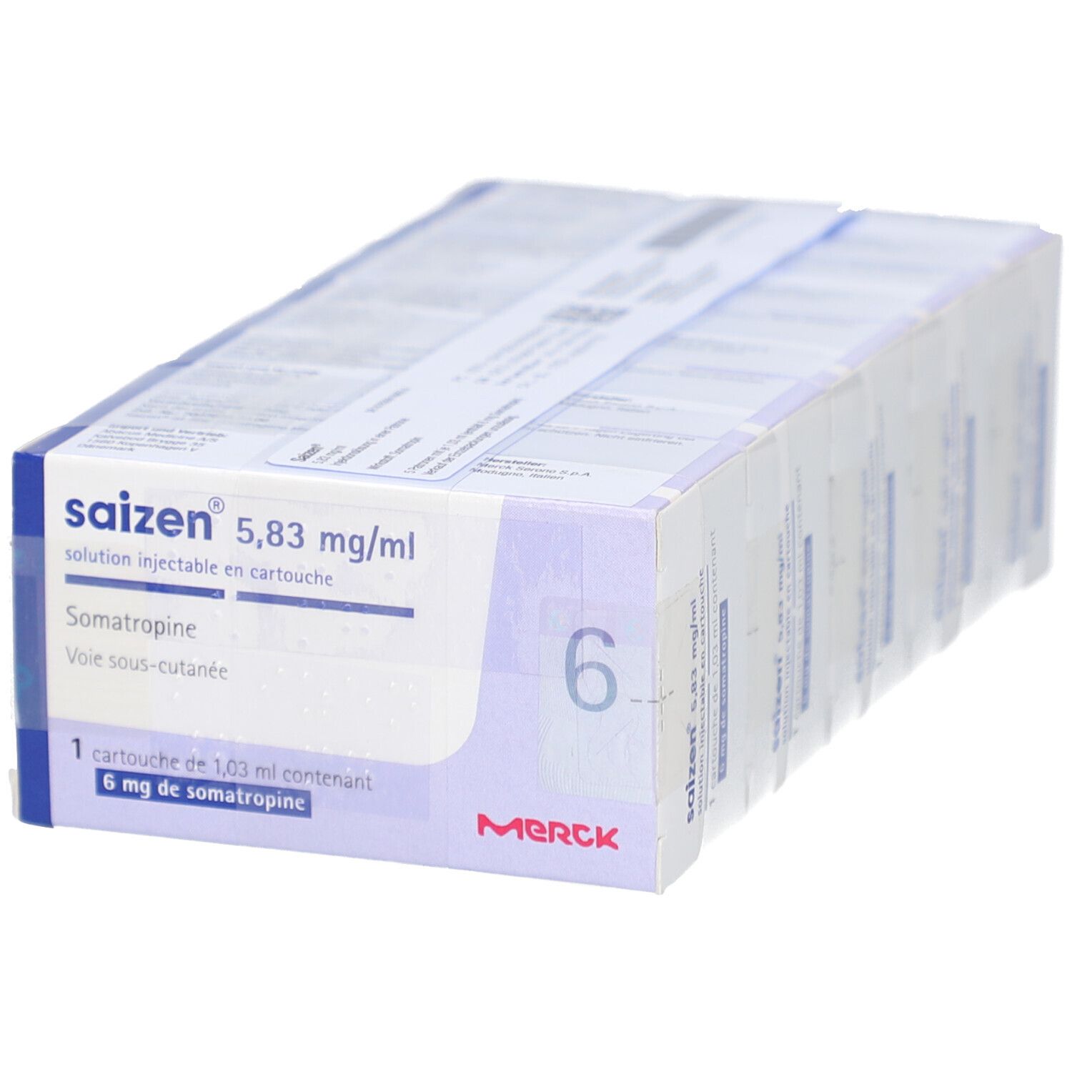 Verpackung mit sechs Injektionslösungen. Aufschrift: Saizen 5,83 mg/ml, Somatropin. Merck-Logo.