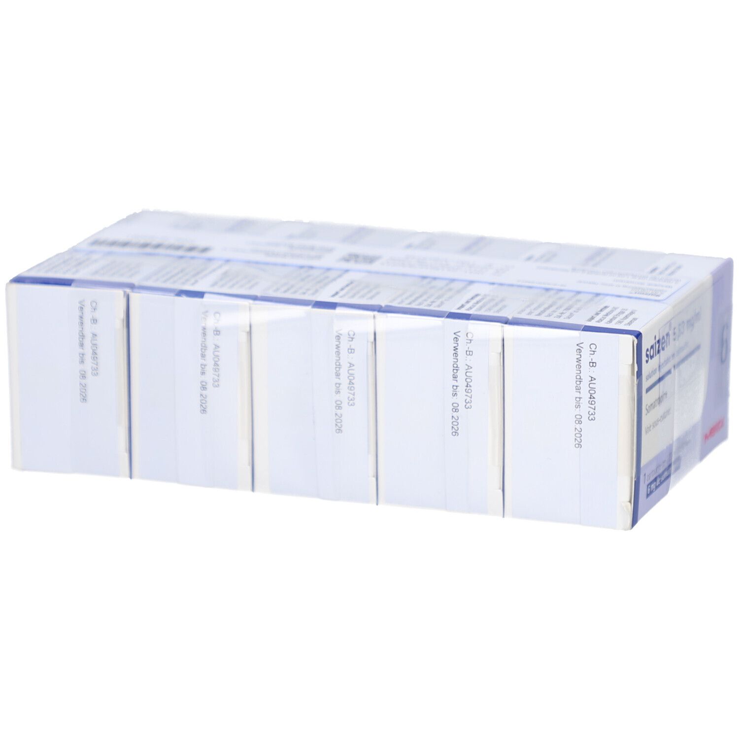 Verpackung mit sechs Injektionslösungen. Sicht auf die Seite der Verpackung.