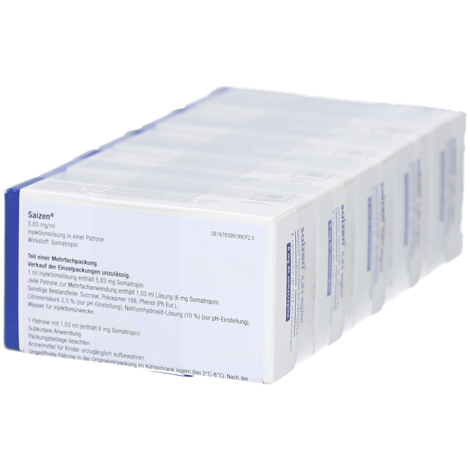 Verpackung mit sechs Injektionslösungen. Aufschrift: Saizen 5,83 mg/ml, Somatropin. Detailansicht.