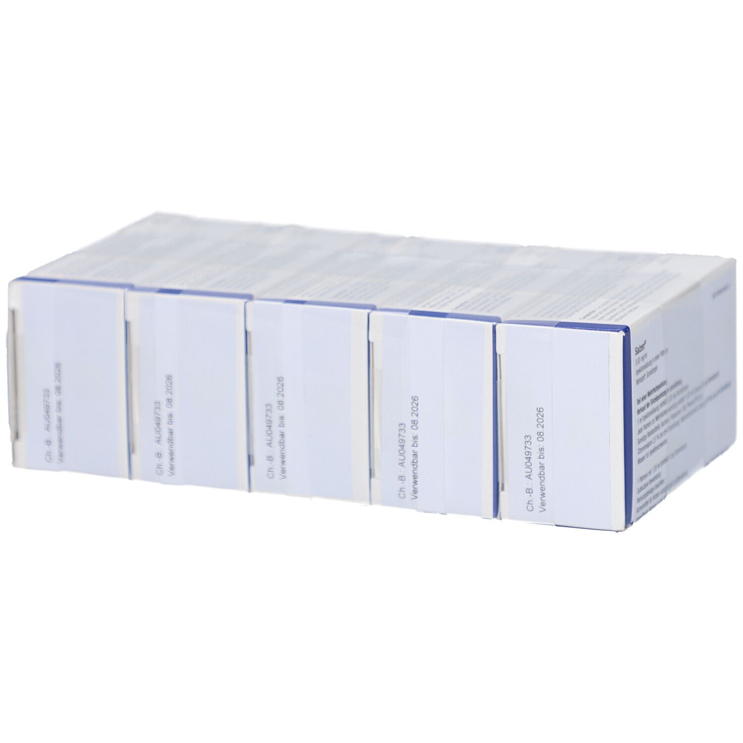 Verpackung mit sechs Injektionslösungen. Seitenansicht der Verpackung.