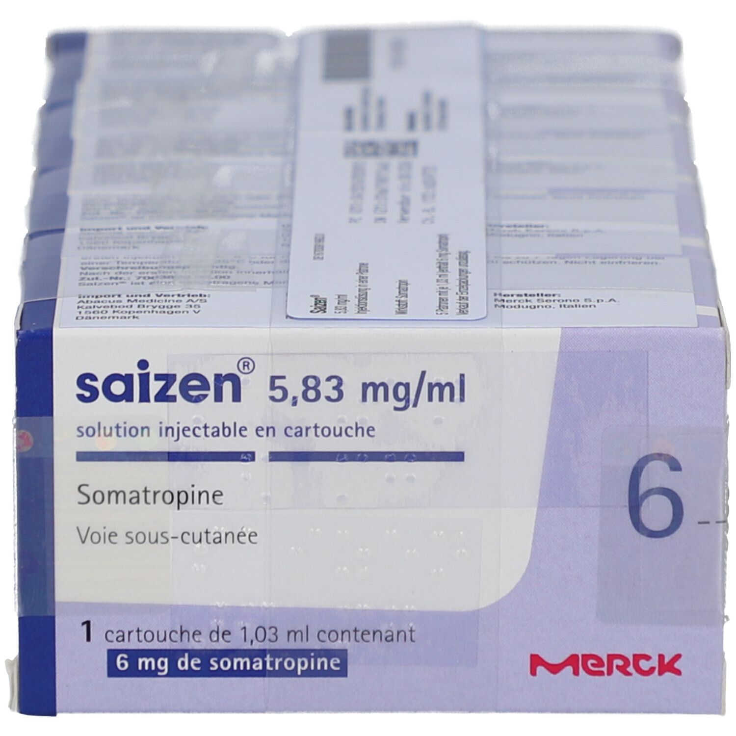 Verpackung mit sechs Injektionslösungen. Aufschrift: Saizen 5,83 mg/ml, Somatropin. Merck-Logo.