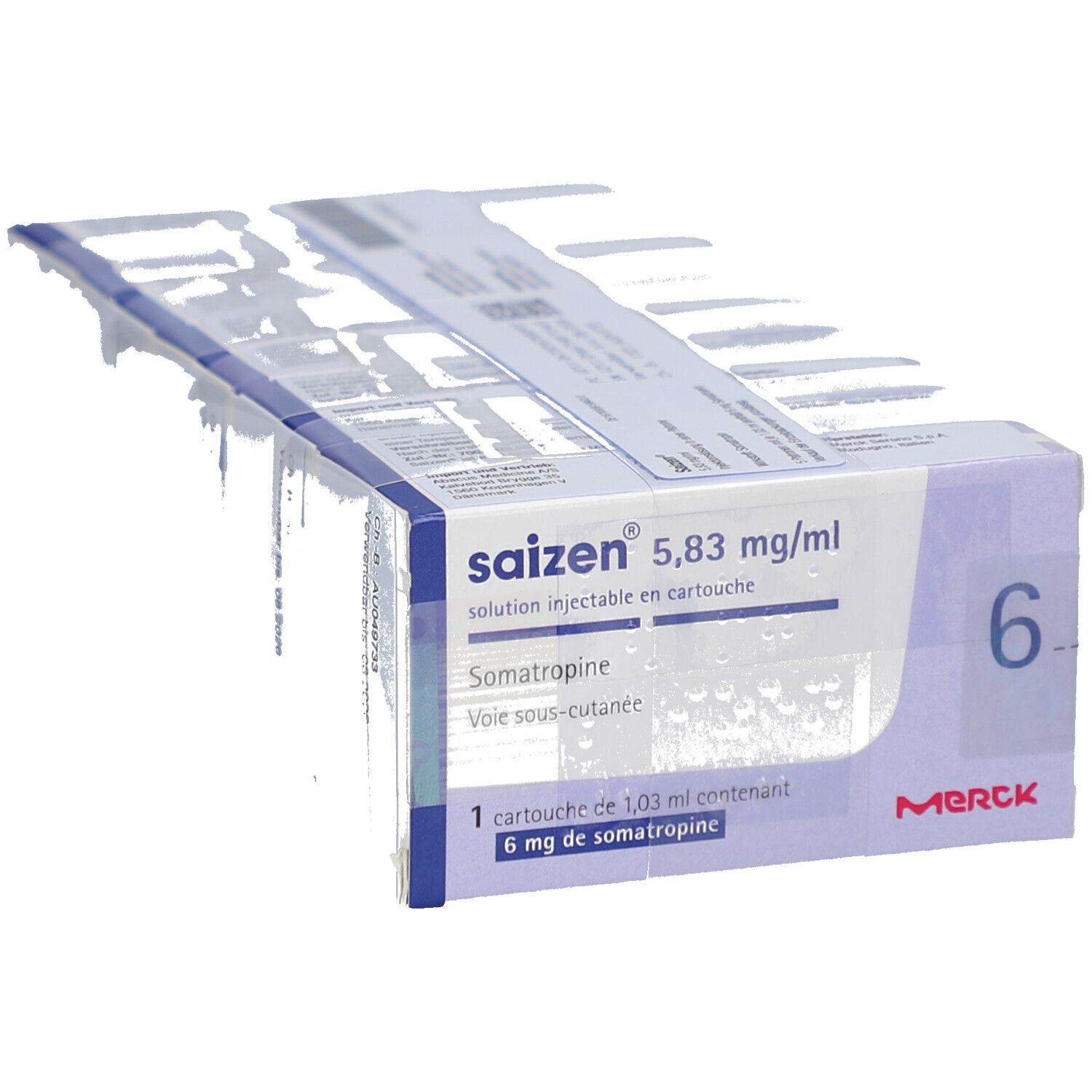 Verpackung mit sechs Injektionslösungen. Aufschrift: Saizen 5,83 mg/ml, Somatropin. Merck-Logo.