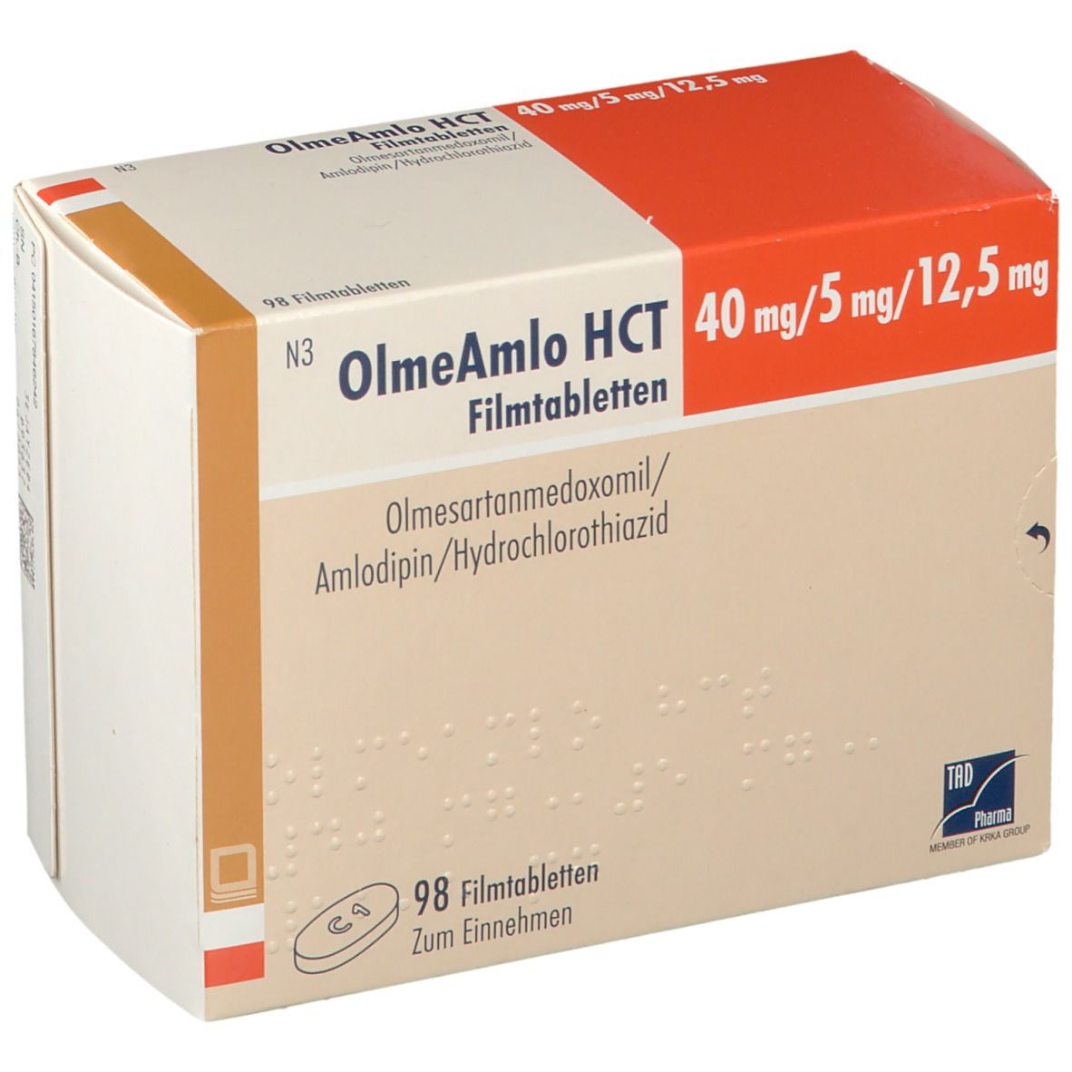 Karton von OlmeAmlo HCT 40 mg/5 mg/12,5 mg Filmtabletten. Aufschrift: 98 Filmtabletten. TRD Pharma Logo.