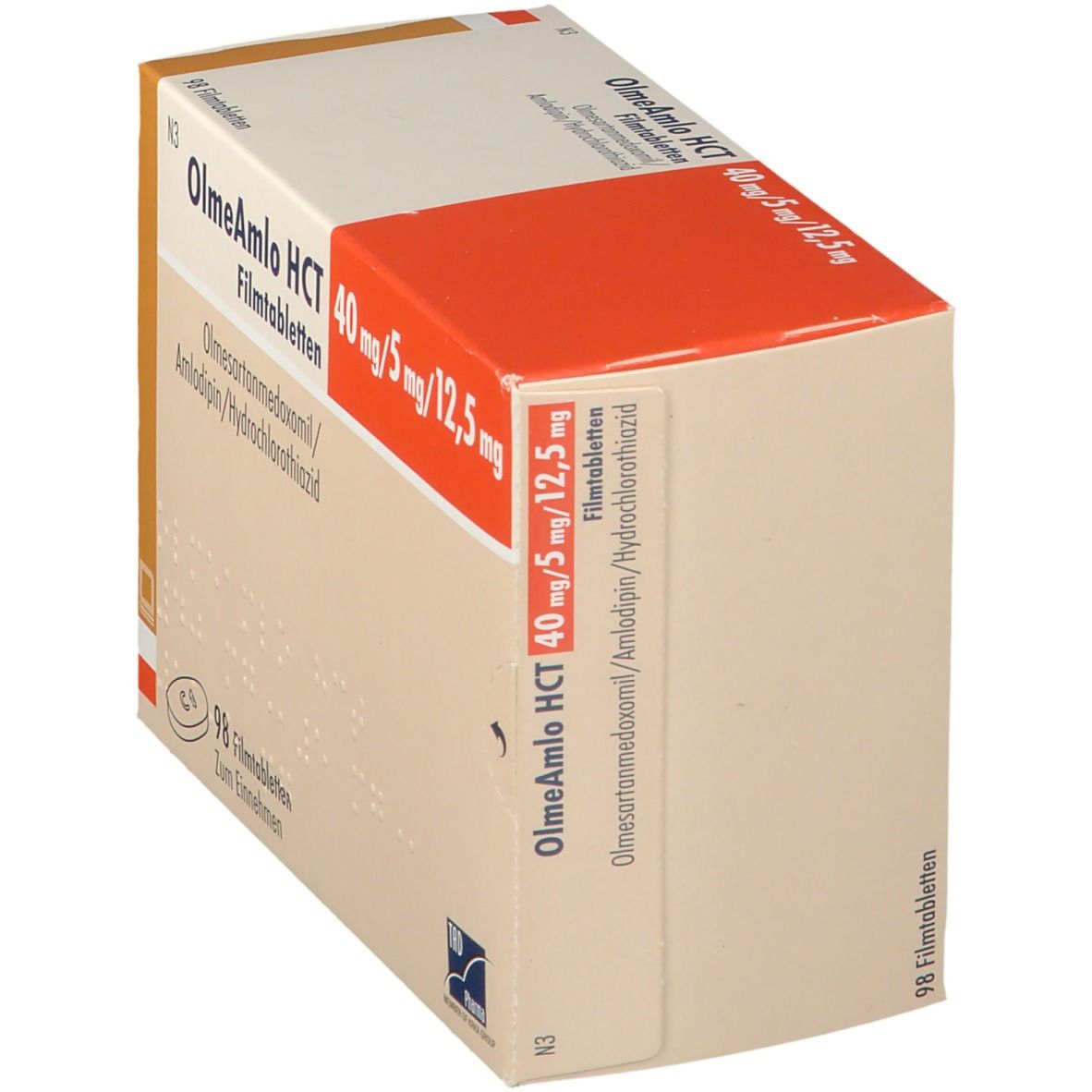 Karton von OlmeAmlo HCT 40 mg/5 mg/12,5 mg Filmtabletten. Aufschrift: 98 Filmtabletten. TRD Pharma Logo.