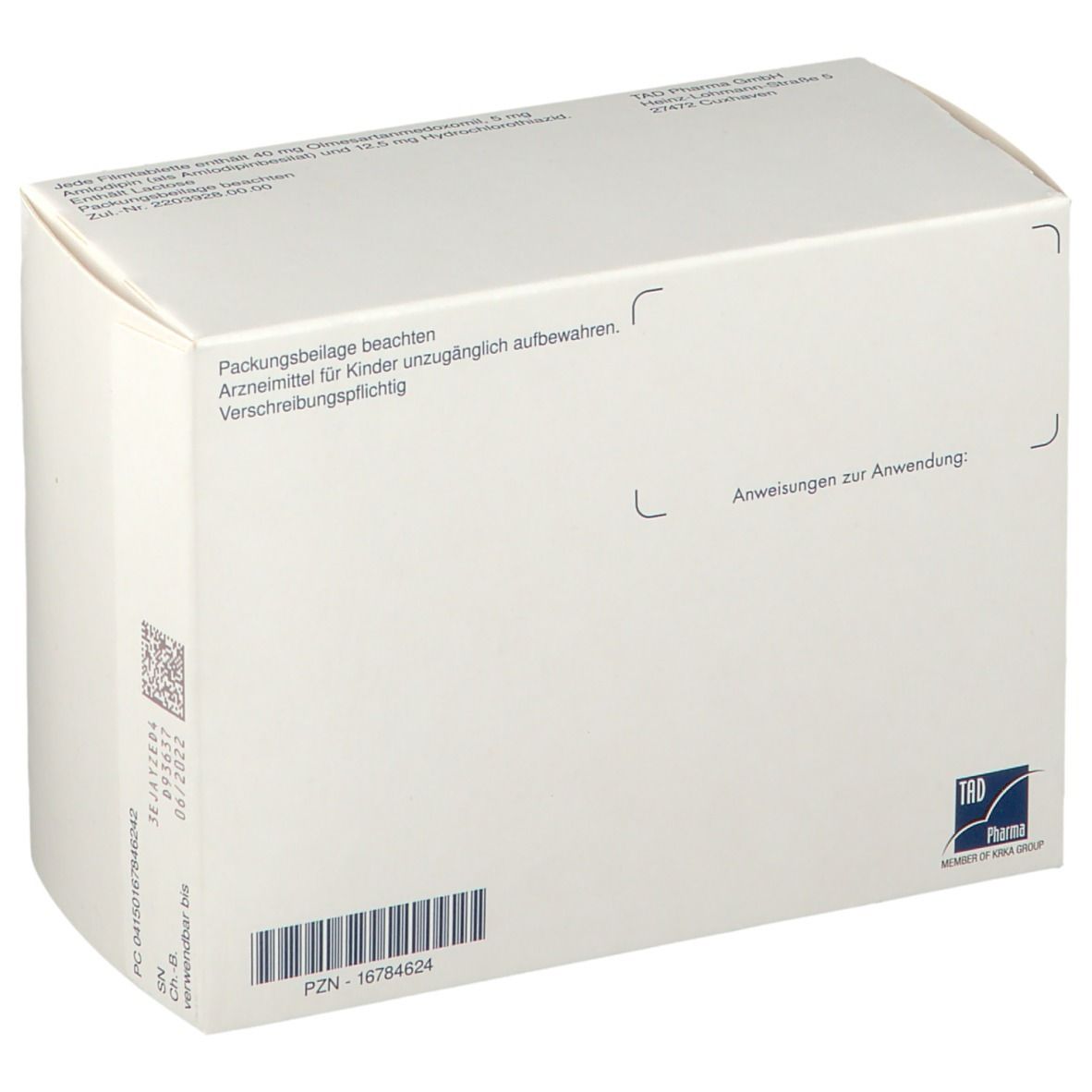 Rückseite der OlmeAmlo HCT-Verpackung. Enthält Text und Barcode. TRD Pharma Logo.