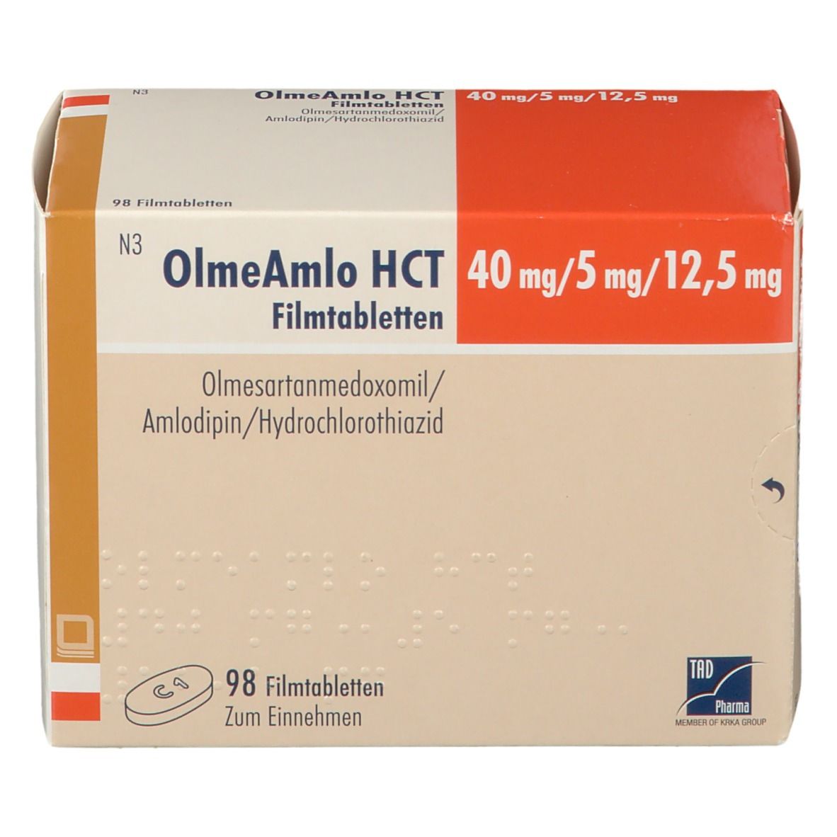 Karton von OlmeAmlo HCT 40 mg/5 mg/12,5 mg Filmtabletten. Aufschrift: 98 Filmtabletten. TRD Pharma Logo.