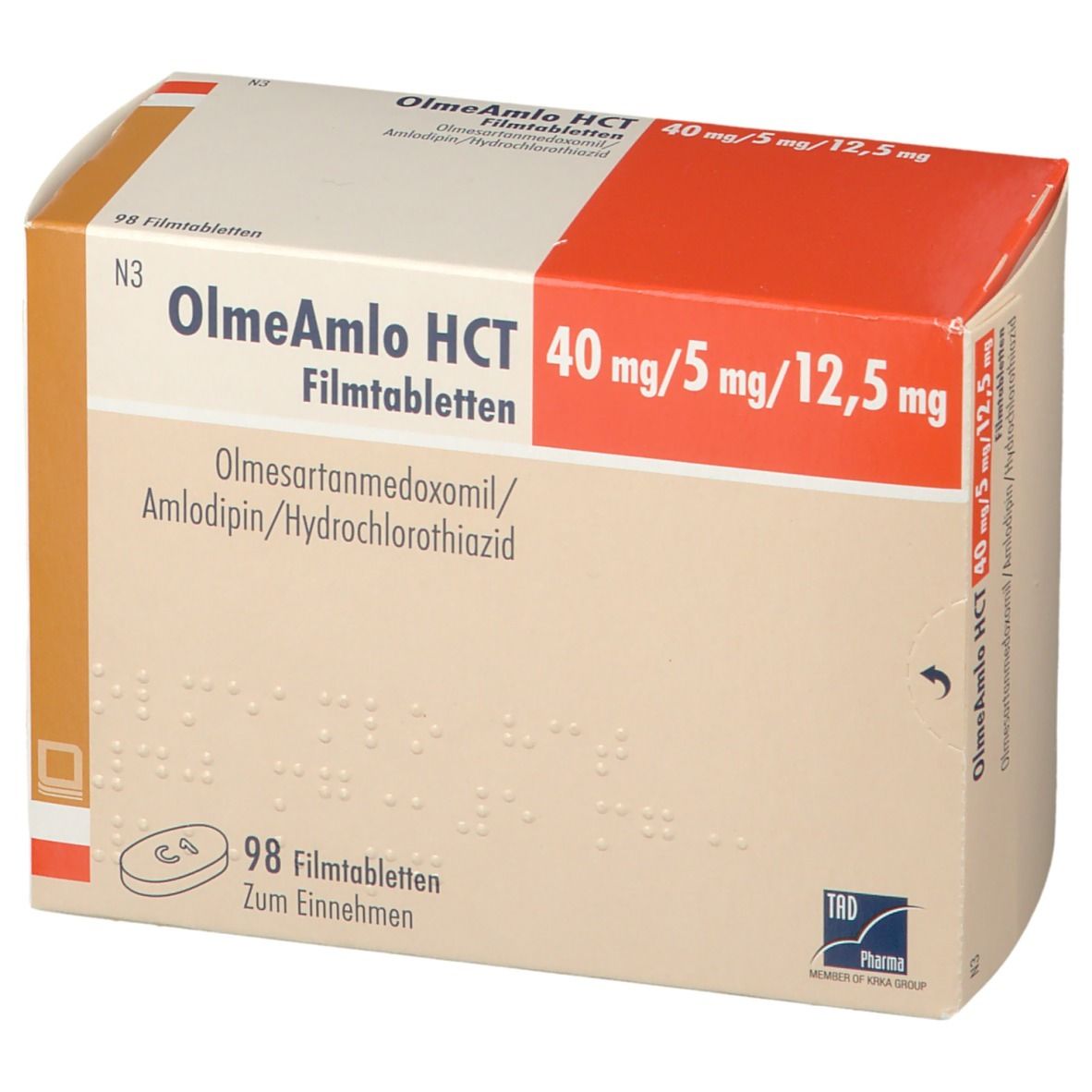 Karton von OlmeAmlo HCT 40 mg/5 mg/12,5 mg Filmtabletten. Aufschrift: 98 Filmtabletten. TRD Pharma Logo.