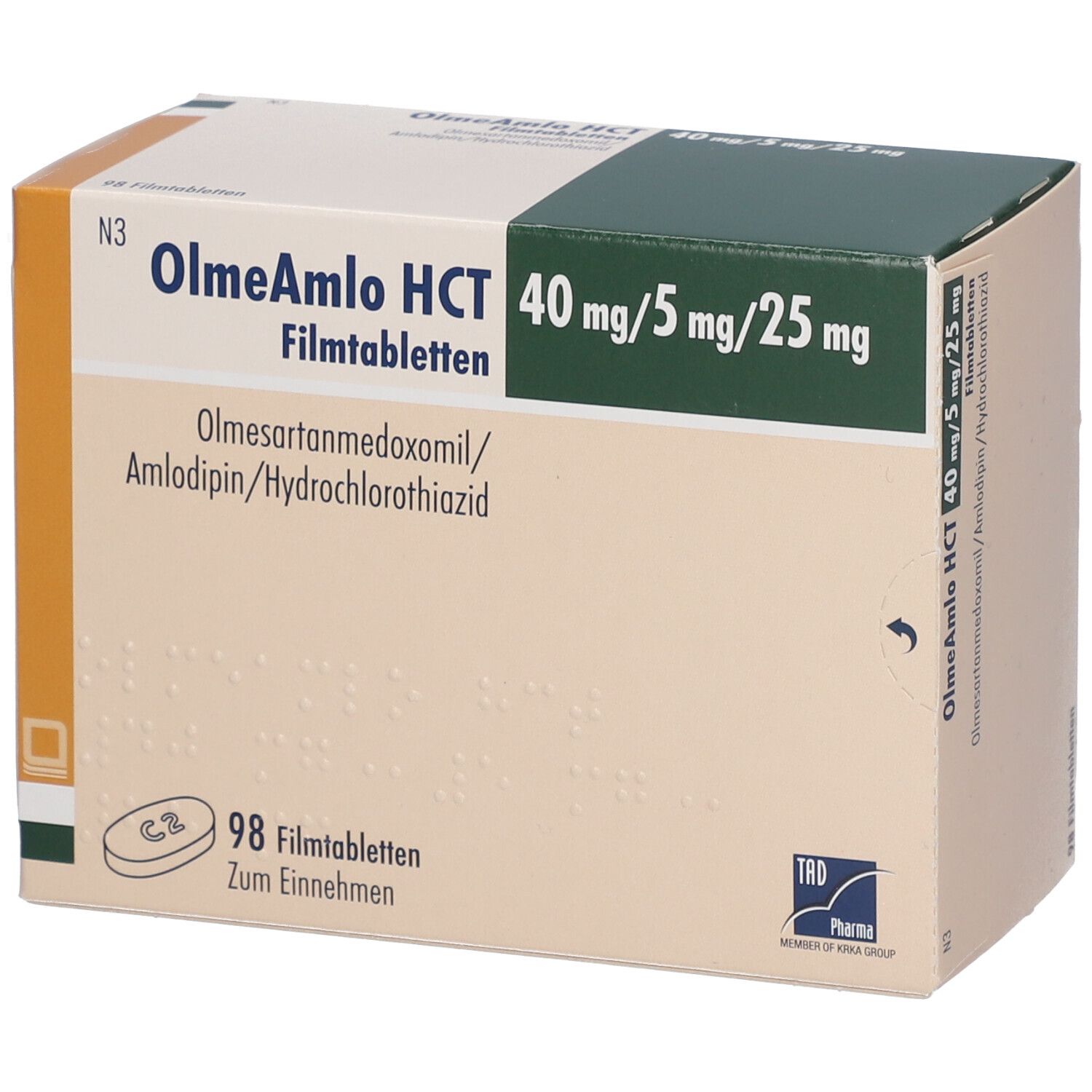 Schachtel OlmeAmlo HCT 40 mg/5 mg/25 mg Filmtabletten. Enthält Olmesartanmedoxomil, Amlodipin, Hydrochlorothiazid. 98 Filmtabletten.