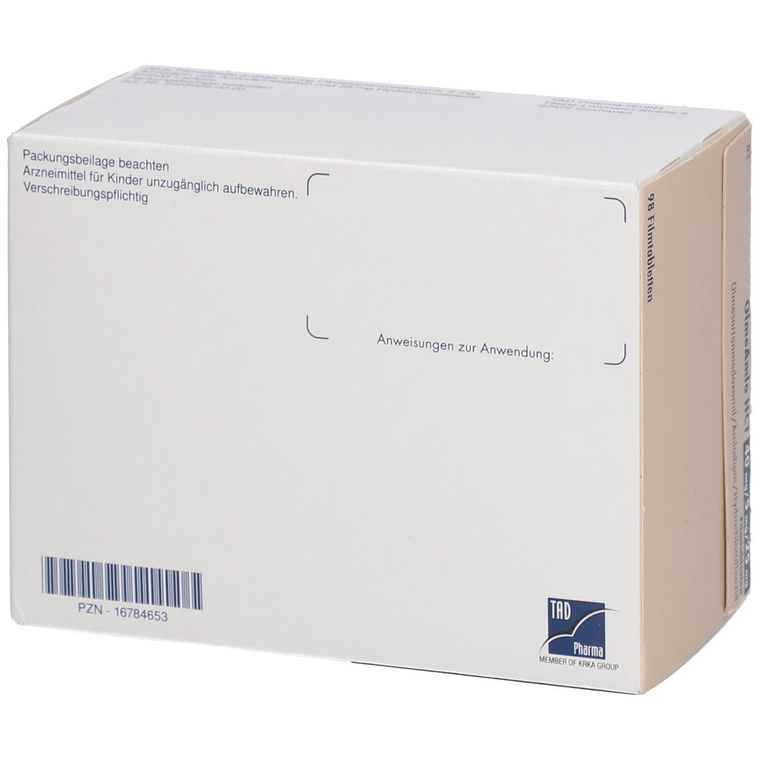 Rückseite der Schachtel. Text: Packungsbeilage beachten, Arzneimittel für Kinder unzugänglich aufbewahren. PZN-Nummer, TRD Pharma Logo.