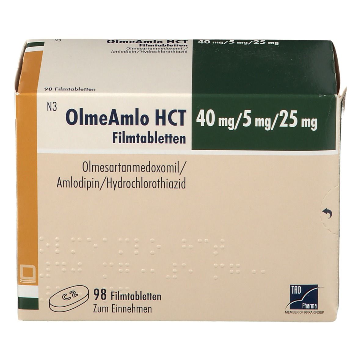 Schachtel OlmeAmlo HCT 40 mg/5 mg/25 mg Filmtabletten. Enthält Olmesartanmedoxomil, Amlodipin, Hydrochlorothiazid. 98 Filmtabletten.