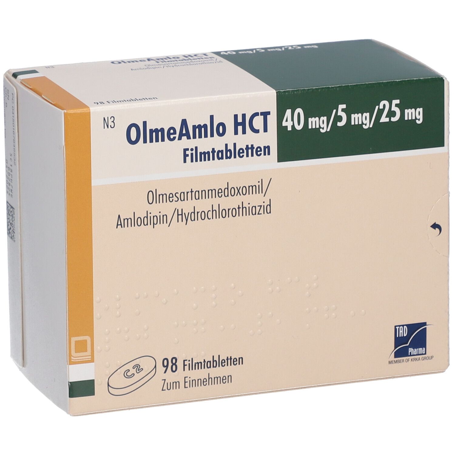 Schachtel OlmeAmlo HCT 40 mg/5 mg/25 mg Filmtabletten. Enthält Olmesartanmedoxomil, Amlodipin, Hydrochlorothiazid. 98 Filmtabletten.