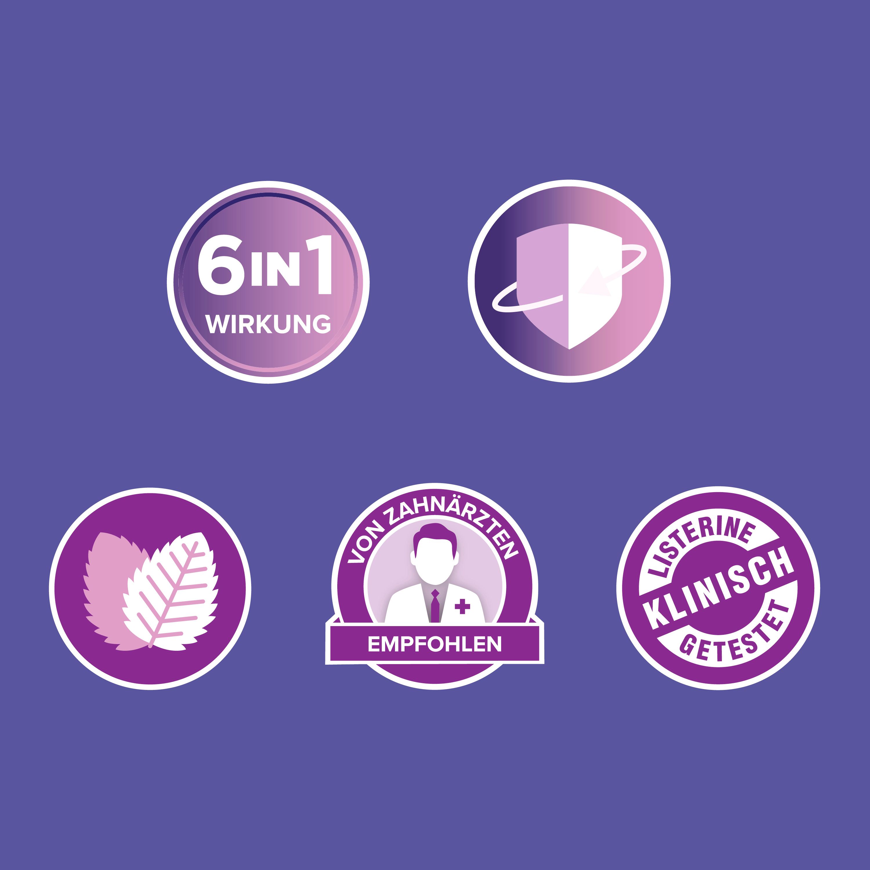 Verschiedene Logos: 6in1 Wirkung, Schutzschild, Minzblätter, empfohlen von Zahnärzten, klinisch getestet.