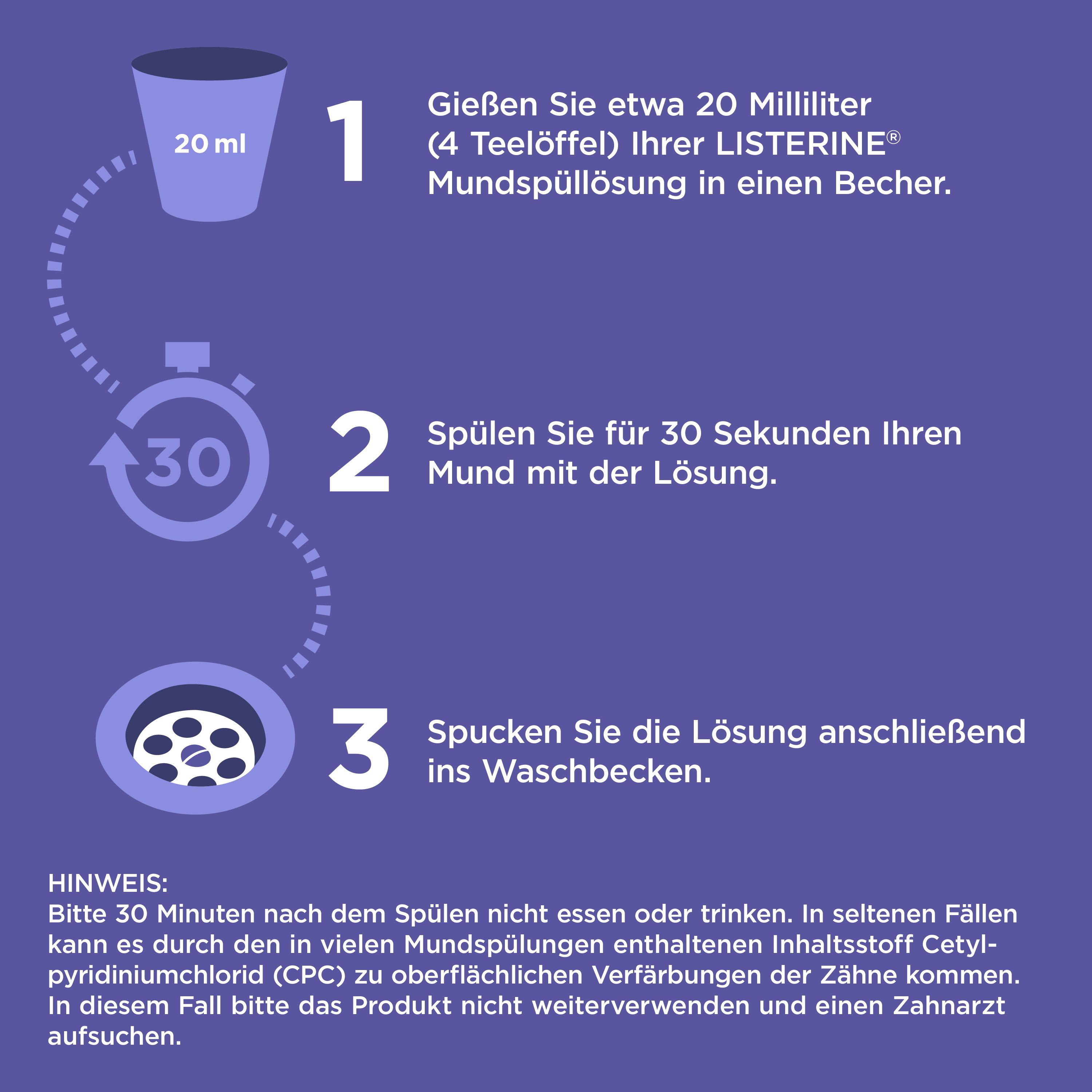 Anleitung: 20 ml Mundspülung in Becher, 30 Sekunden spülen, ausspucken. Hinweis: Nicht essen/trinken.