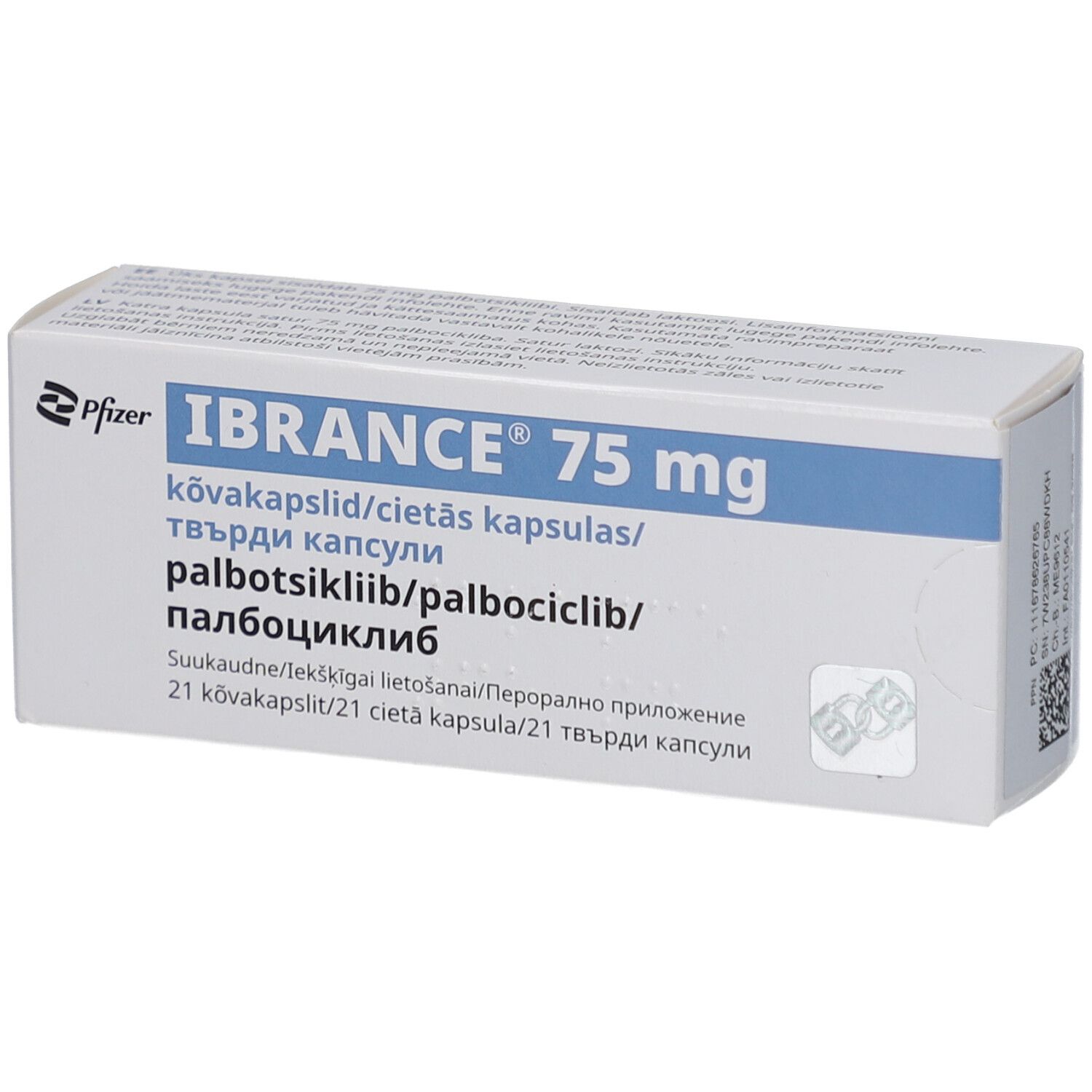 Weiße Schachtel mit blauer Schrift. Aufschrift: IBRANCE 75 mg, Pfizer Logo. Enthält 21 Kapseln.