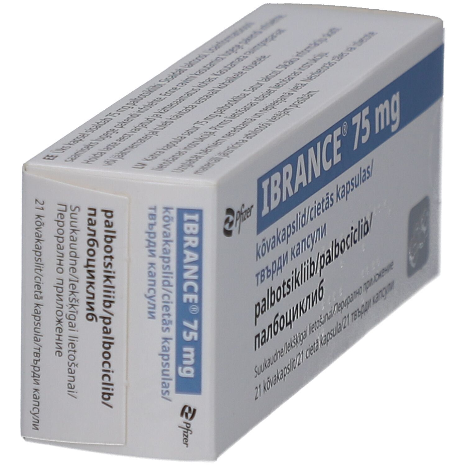 Schachtel IBRANCE 75 mg, Pfizer Logo. Blaue Schrift auf weißem Grund. Enthält 21 Kapseln.