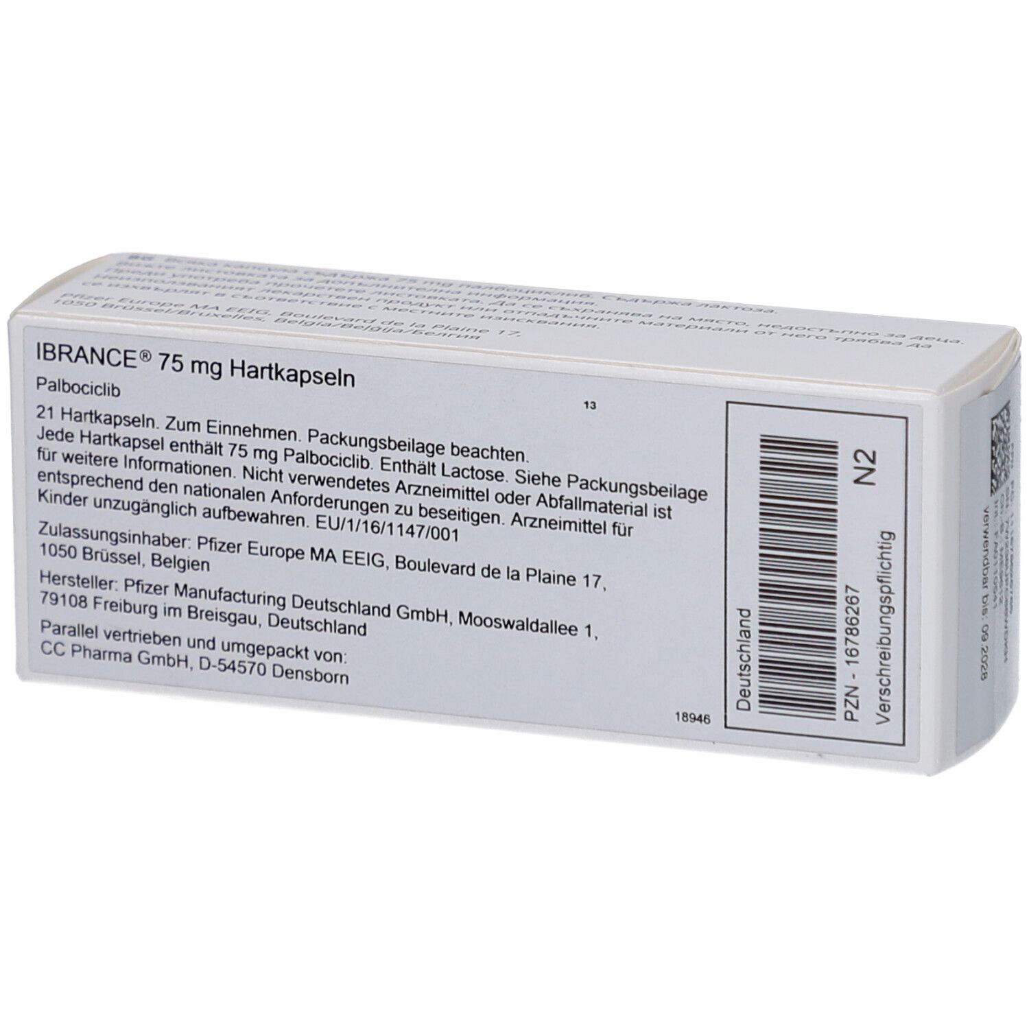 Rückseite der IBRANCE 75 mg Packung. Enthält Informationen und PZN-Code. Hersteller: Pfizer.