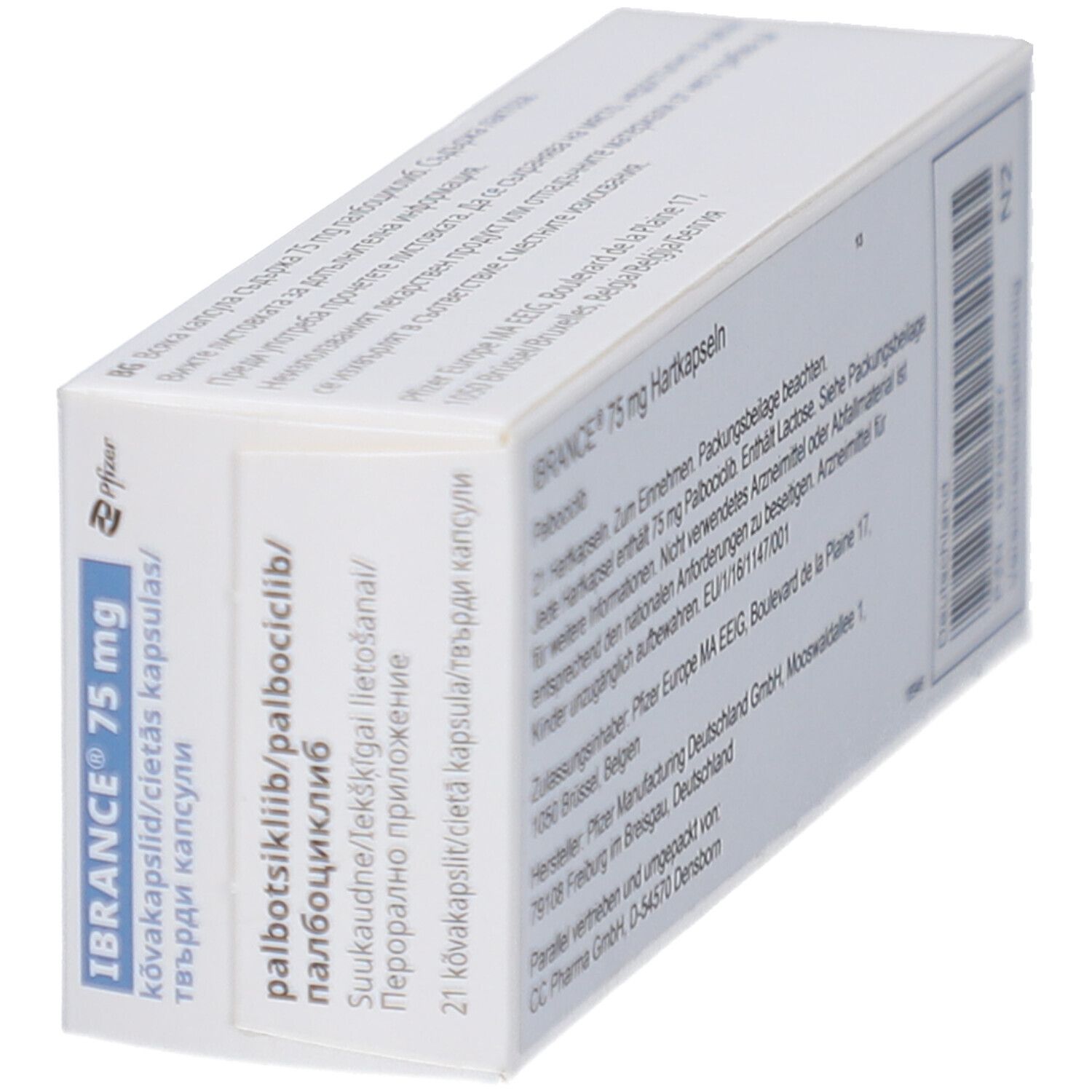 Schachtel IBRANCE 75 mg, Pfizer Logo. Blaue Schrift auf weißem Grund. Enthält 21 Kapseln.