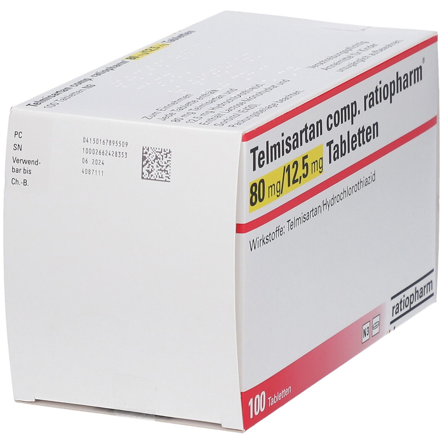 Schachtel mit Telmisartan comp. ratiopharm® Tabletten. Aufschrift: 80 mg/12,5 mg. 100 Tabletten. Wirkstoffe: Telmisartan/Hydrochlorothiazid.